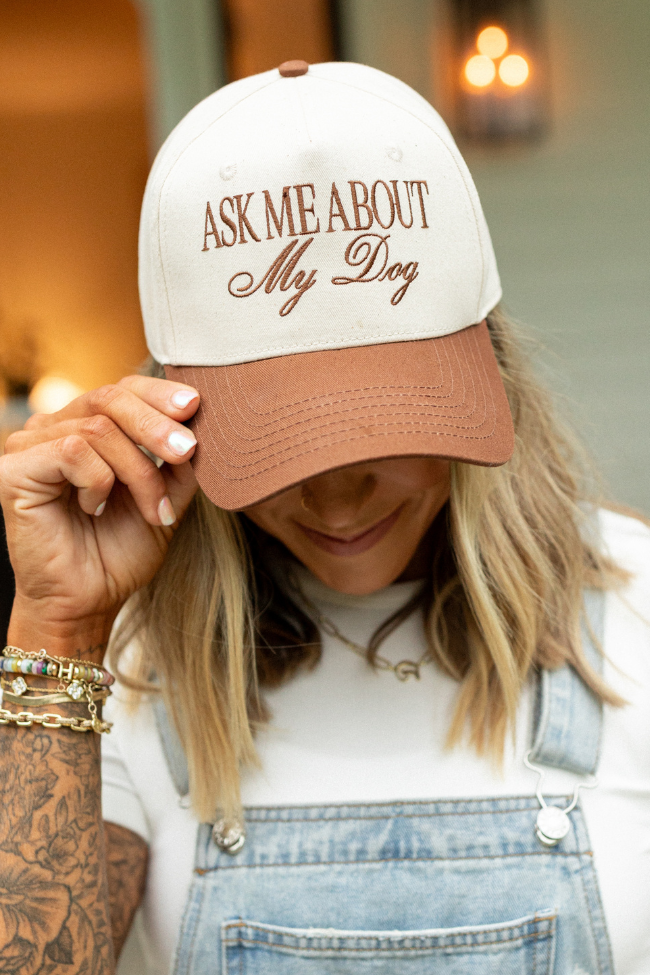 Ask Me About My Dog Brown Trucker Hat - Holley Gabrielle X Pink Lily Collaboration - Perfect for Dog Lovers, Outdoor Adventures & Casual Streetwear