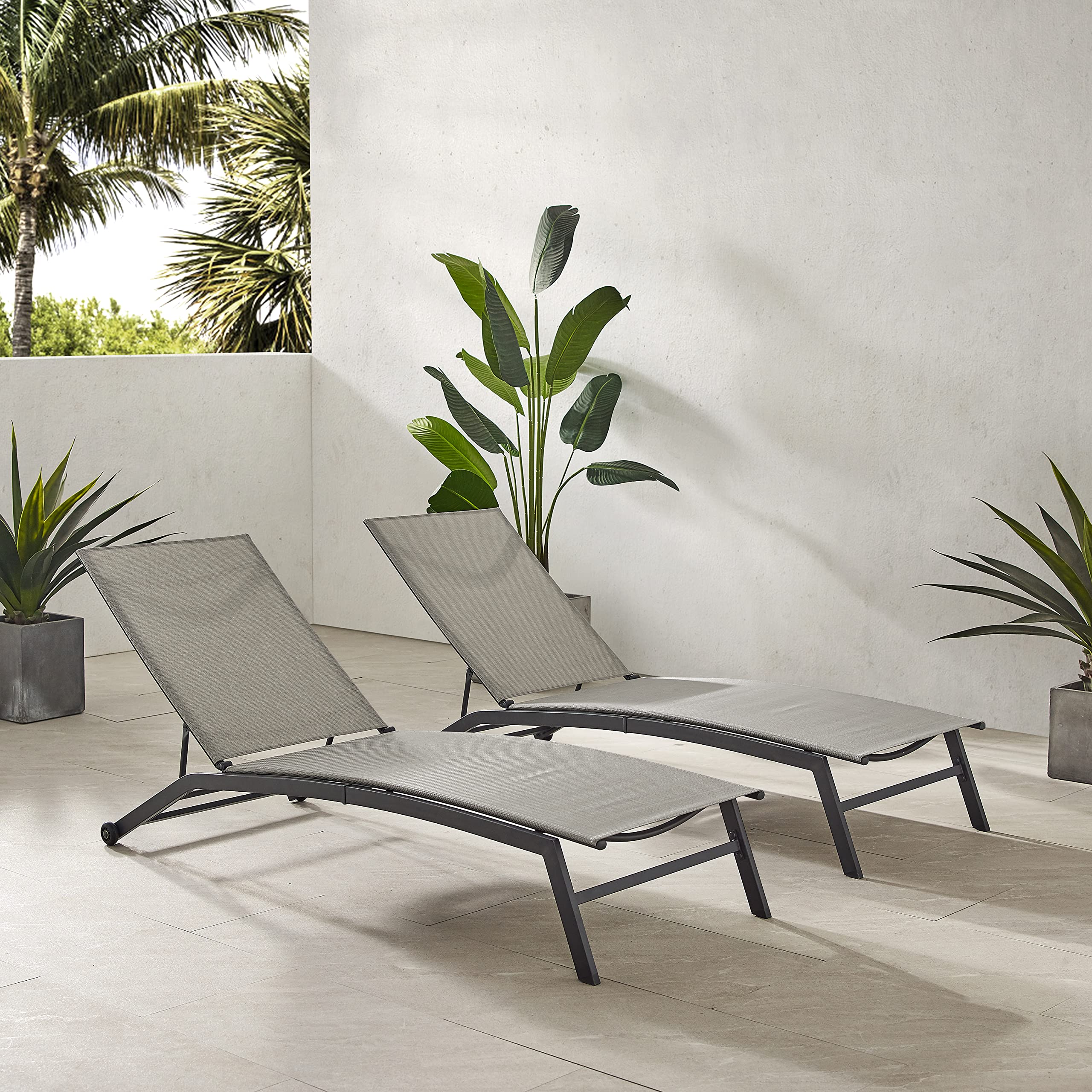 Crosley Weaver 2-Piece Reclining Mesh Outdoor Chaise Lounge Chair Set with Wheels - Patio Furniture, Poolside Relaxation, Backyard Lounging - Matte Black & Light Gray - Durable Weather-Resistant Design for Outdoor Comfort