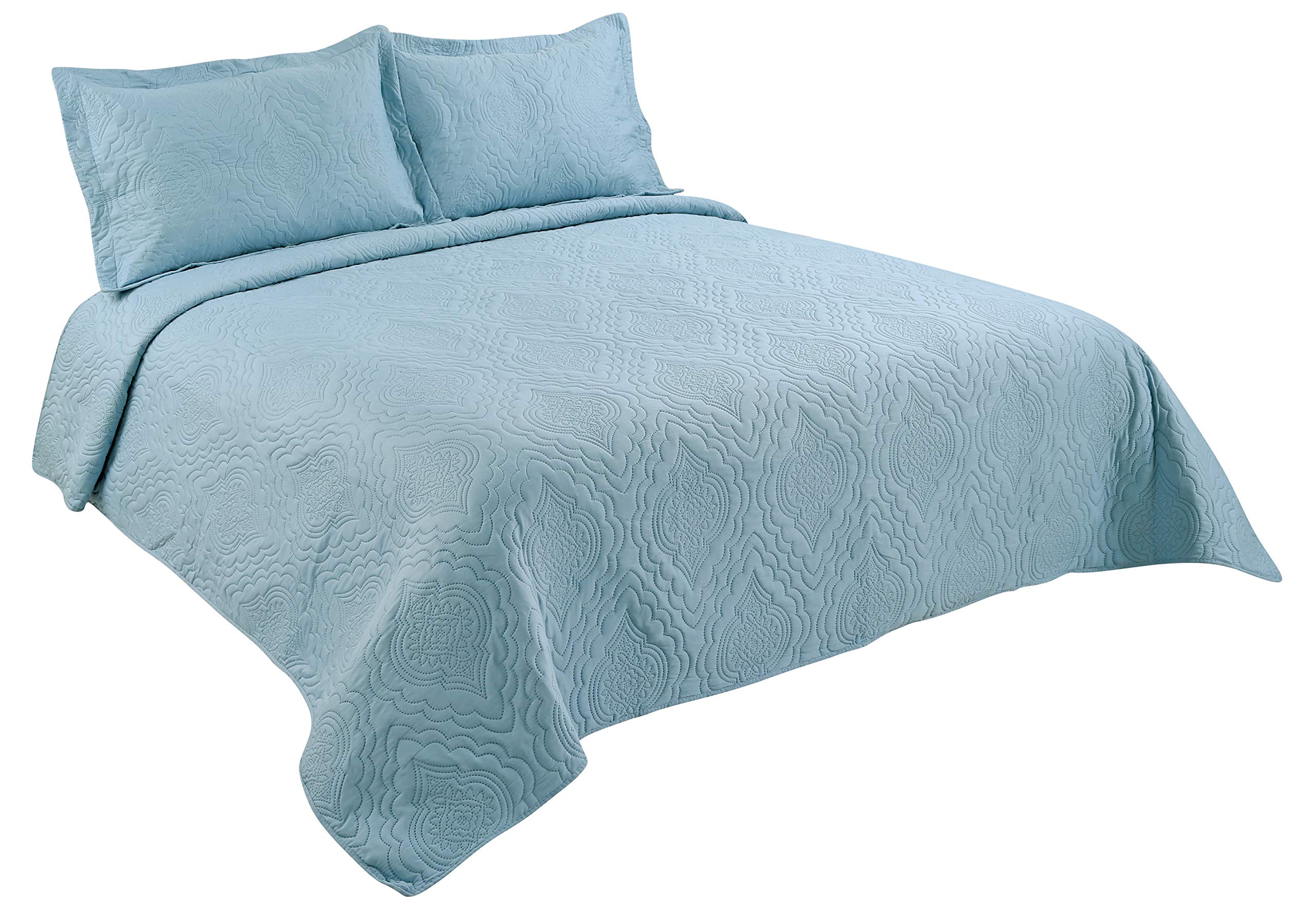 Ultra Soft 3-Piece Summer Quilt Set with 2 Shams - Solid Embossed Pinsonic Coverlet Bedspread in Aqua Color | Queen/Full Size Marina Themed Bedding | Perfect for Beach House Decor, Guest Rooms & Coastal Style Bedrooms