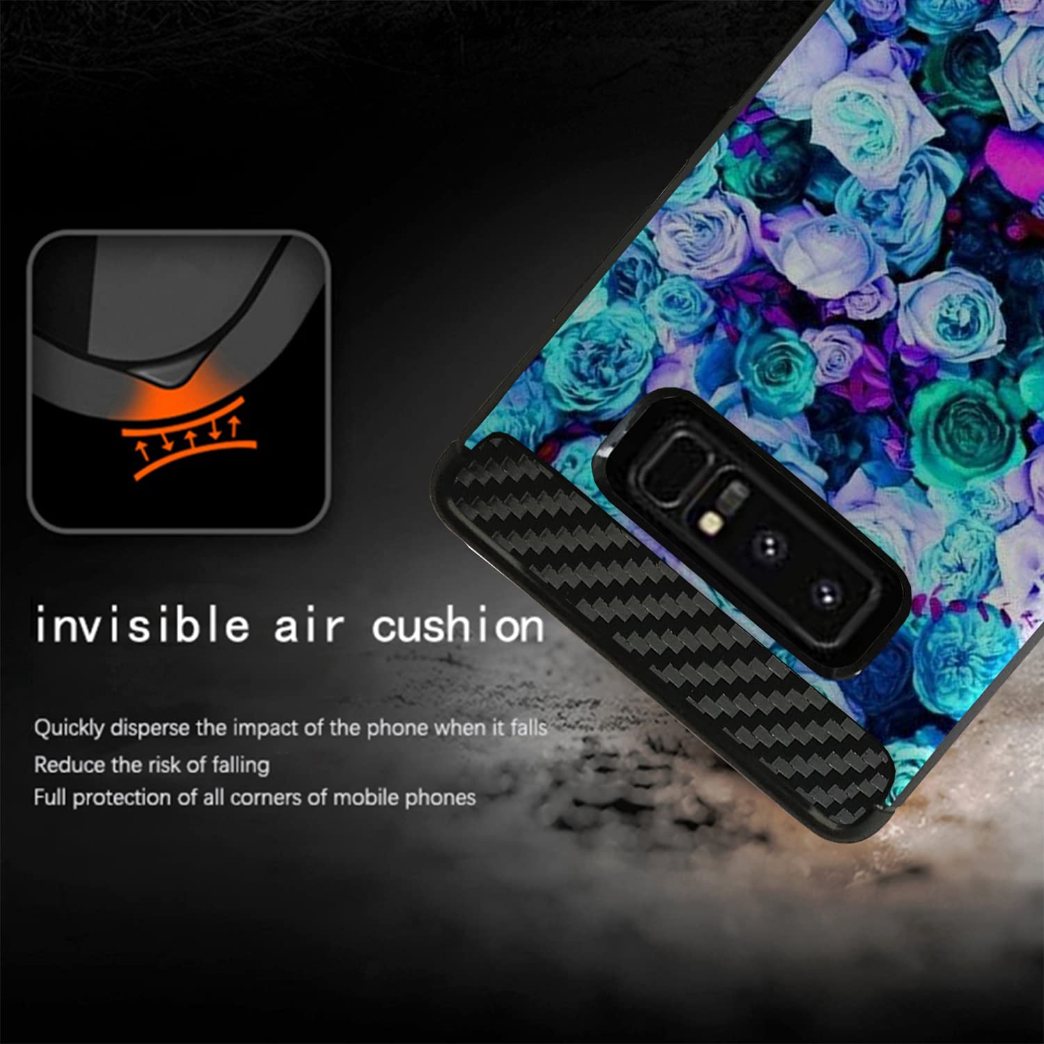 Slim Rubberized Samsung Galaxy Note 8 Case with Carbon Flex Design - Blue Roses Pattern | Durable Protective Cover for Everyday Use, Work & Travel