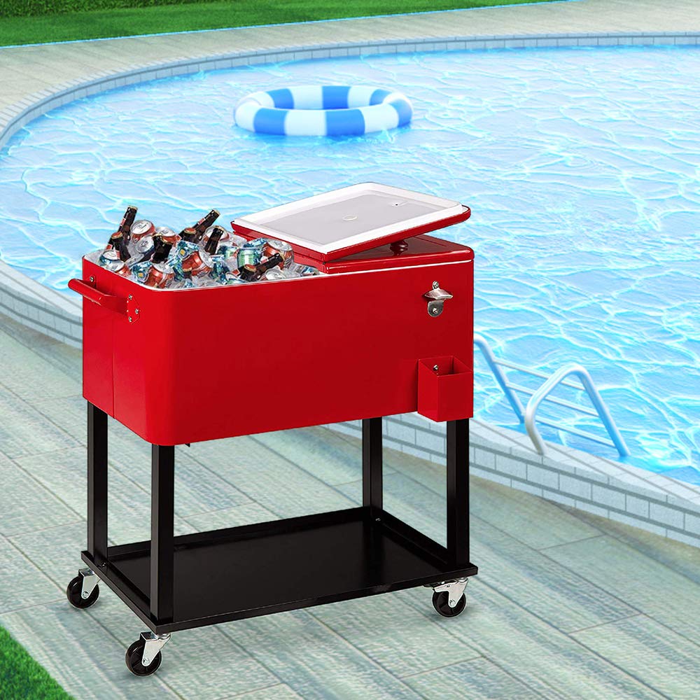 HomVent 80 Quart Rolling Cooler Cart with Wheels - Portable Outdoor Ice Chest, Patio Party Bar Drink Cooler with Shelf & Bottle Opener for Beach, Camping, and Tailgating