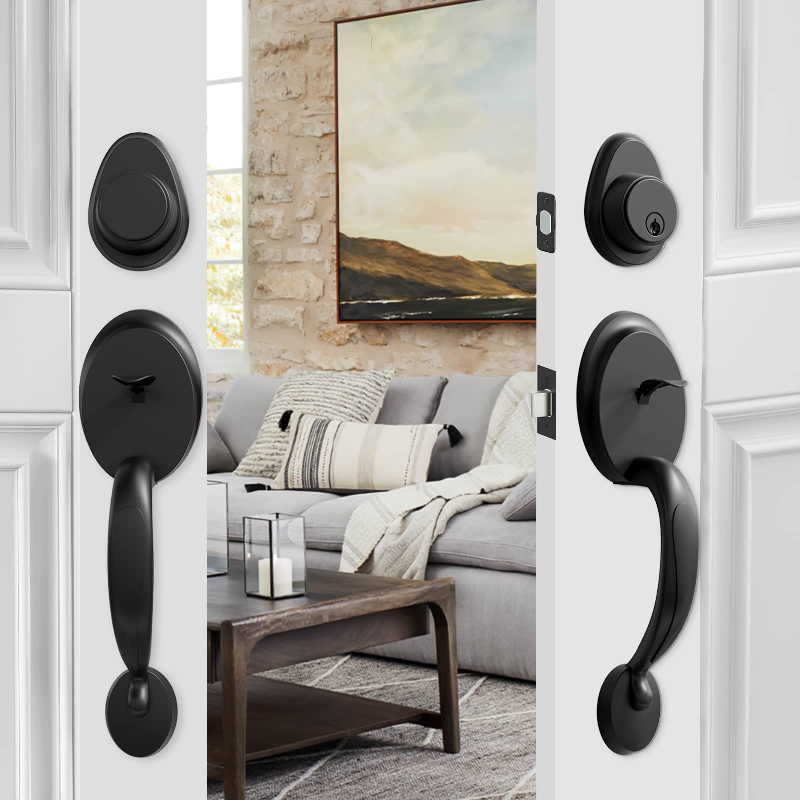 Matte Black Double Door Handleset with Dummy - Front Door Handle Set with Knobs for Home & Office - Antique Style (1074) - Perfect for Entry Doors, Interior Doors, and Commercial Spaces