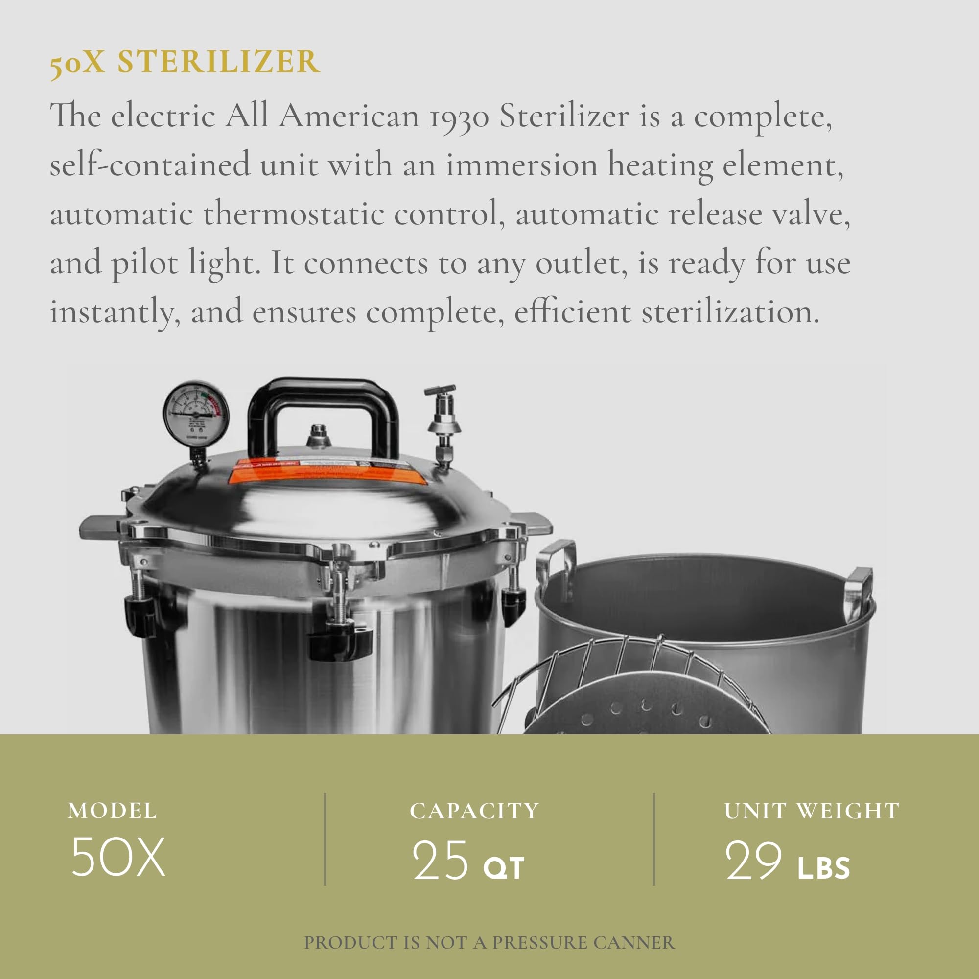 All American 1930 50X Electric Sterilizer - 25 Quart Capacity with Metal-to-Metal Seal & Rack - Made in USA - Perfect for Home Canning, Medical Equipment Sterilization & Laboratory Use