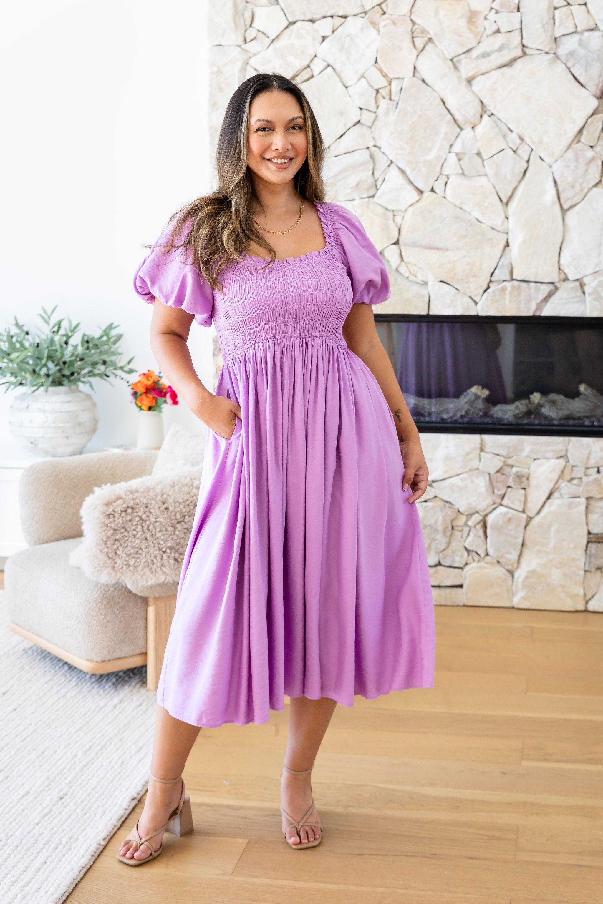 Stelle Linen Blend Midi Dress in Berry - Flowy Summer Dress for Women, Casual & Elegant - Perfect for Beach Vacations, Brunch Dates & Summer Weddings