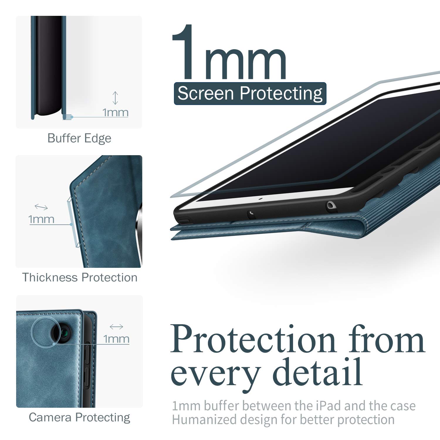 Premium PU Leather Smart Case for iPad 9th/8th/7th Generation (10.2-inch 2021/2020/2019 Model) with Apple Pencil Holder & Auto Sleep/Wake - Protective iPad Cover in Blue - Perfect for Work, School & Travel