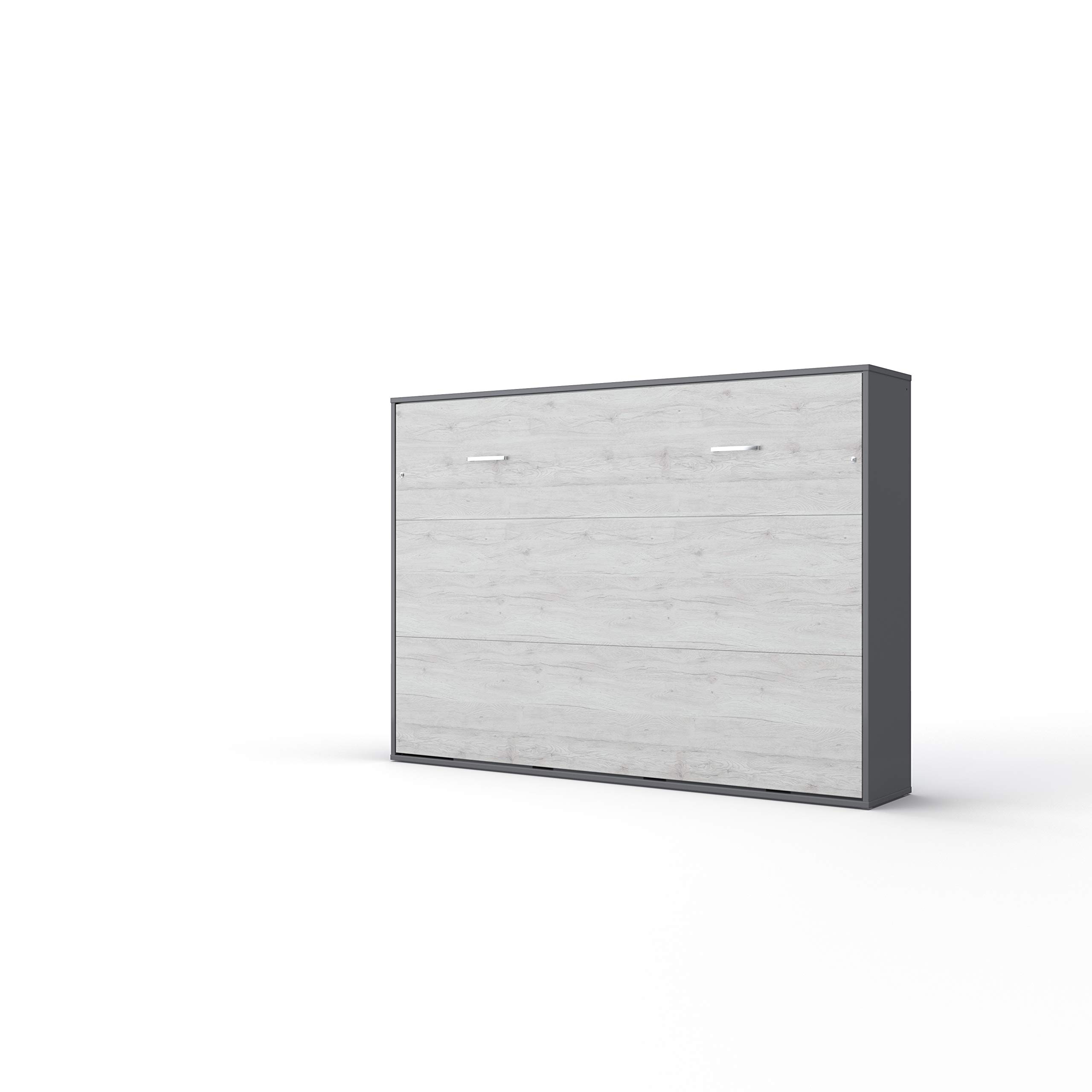 Horizontal Wall Bed with Queen Size Mattress - European Style in Slate Grey & White Monaco | Space-Saving Murphy Bed for Small Apartments, Guest Rooms & Home Offices
