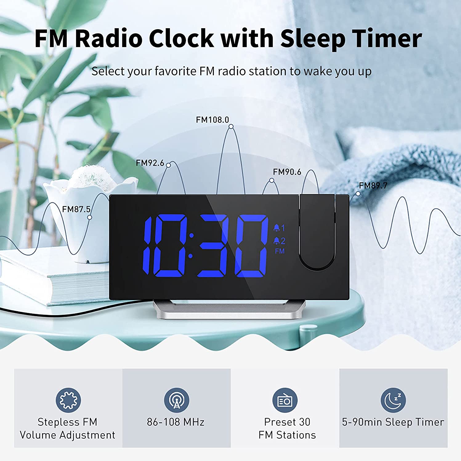 **Digital Alarm Clock with FM Radio & USB Charger - Projection, Dual Alarm, 5 Sounds, 3 Volume Levels & Adjustable Dimmer - Perfect for Bedroom, Office & Travel**
