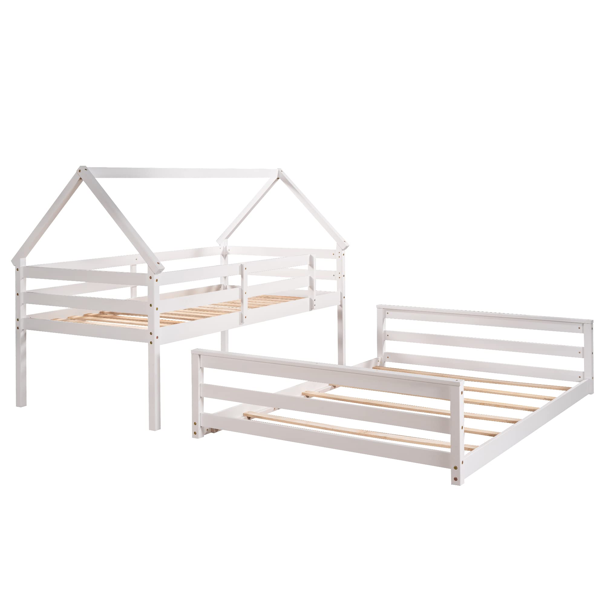 SOFTSEA Junior's House Twin Over Full Bunk Bed with Built-in Ladder - Low Profile Kids Bunk Bed, No Box Spring Required - Perfect for Small Bedrooms, Shared Kids Rooms & Sleepovers