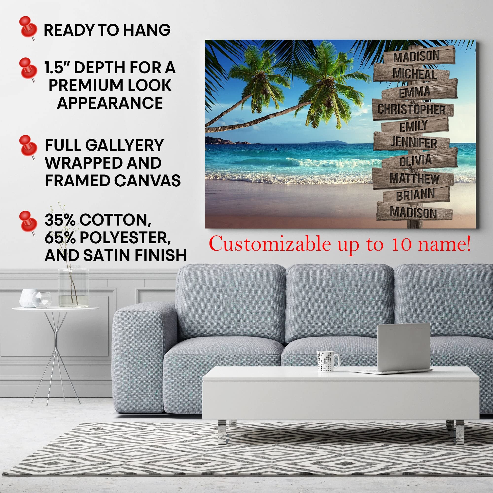 Premium Custom Tropical Beach Scenery Canvas Wall Art - Personalized Family Name Sign for Home Decor (36