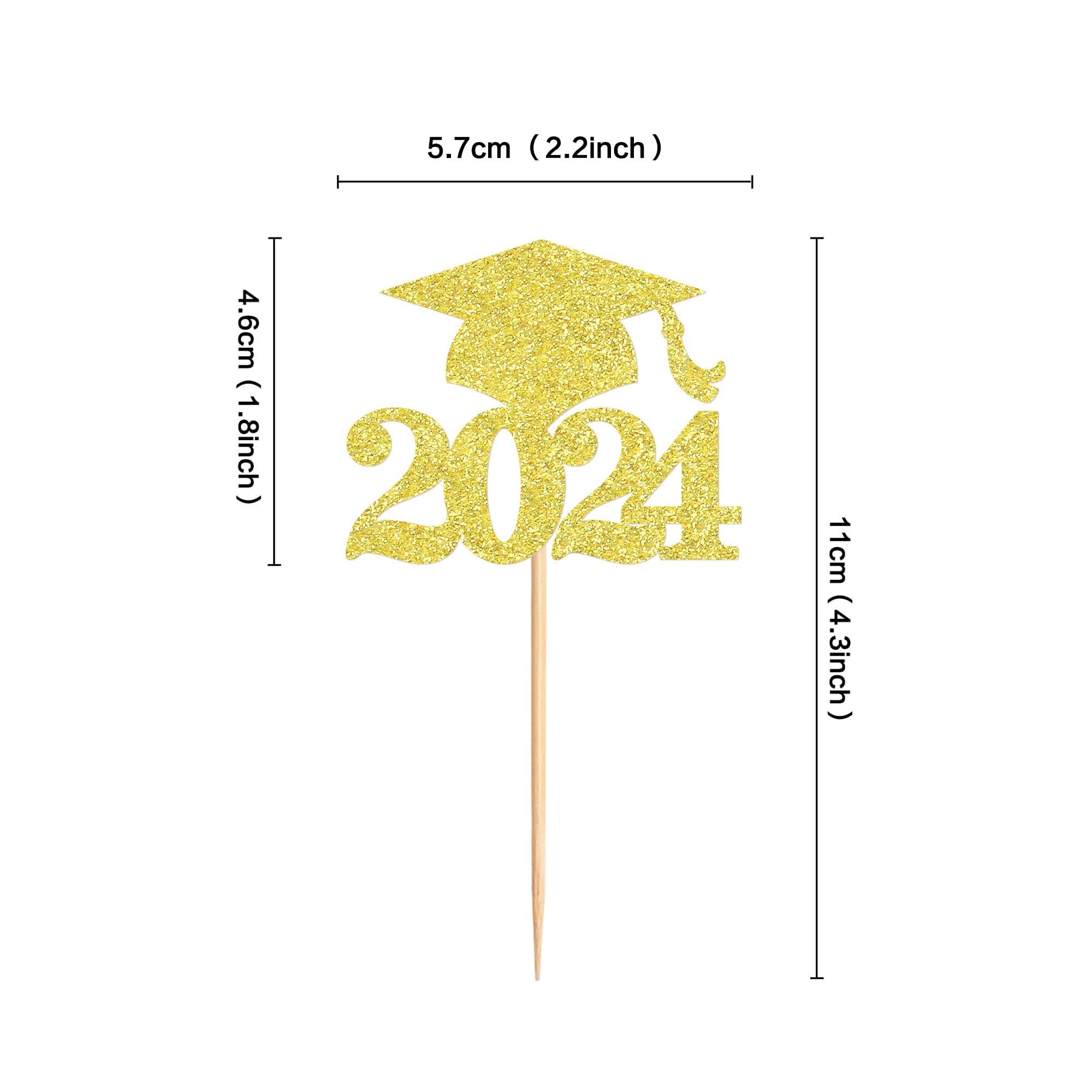 36 Pack Gold Glitter Graduation Cupcake Toppers - Class of 2024 Grad Cap Cake Decorations for Graduation Party Supplies | Perfect for Graduation Cakes, Cupcakes, Desserts and Celebration Decor