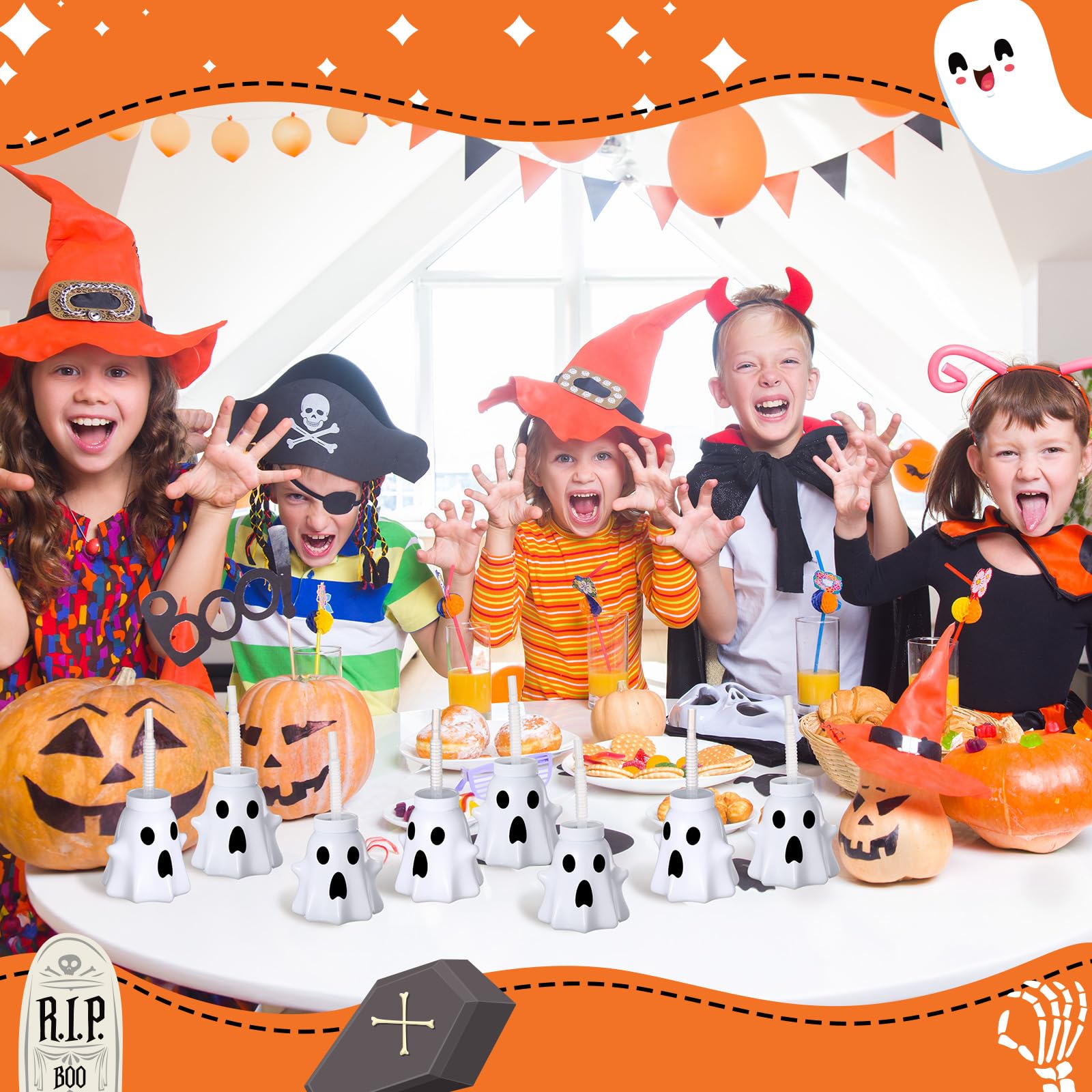 Umigy 24-Pack Halloween Ghost Shaped Cups with Lids & Straws - 10 oz Reusable Plastic Party Cups for Kids, Halloween Party Supplies - Perfect for Trick-or-Treat Drinks, Classroom Celebrations & Spooky Decorations