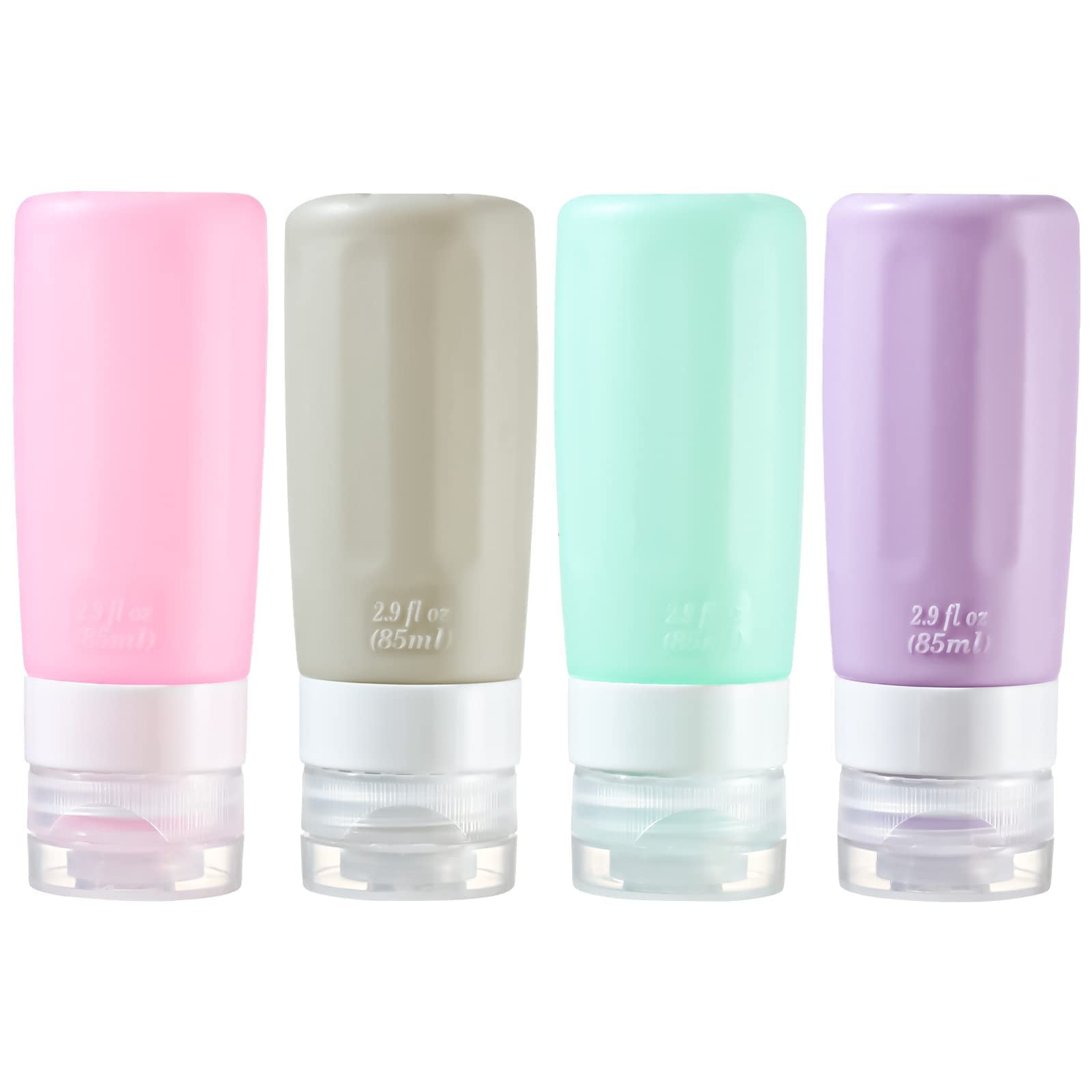 2.9oz TSA Approved Silicone Travel Bottles - Leak Proof Refillable Toiletry Containers with Labels for Shampoo, Conditioner & Cosmetics (Peach, Purple, Green, Gray) - Perfect for Air Travel, Gym, Camping & Vacation Essentials