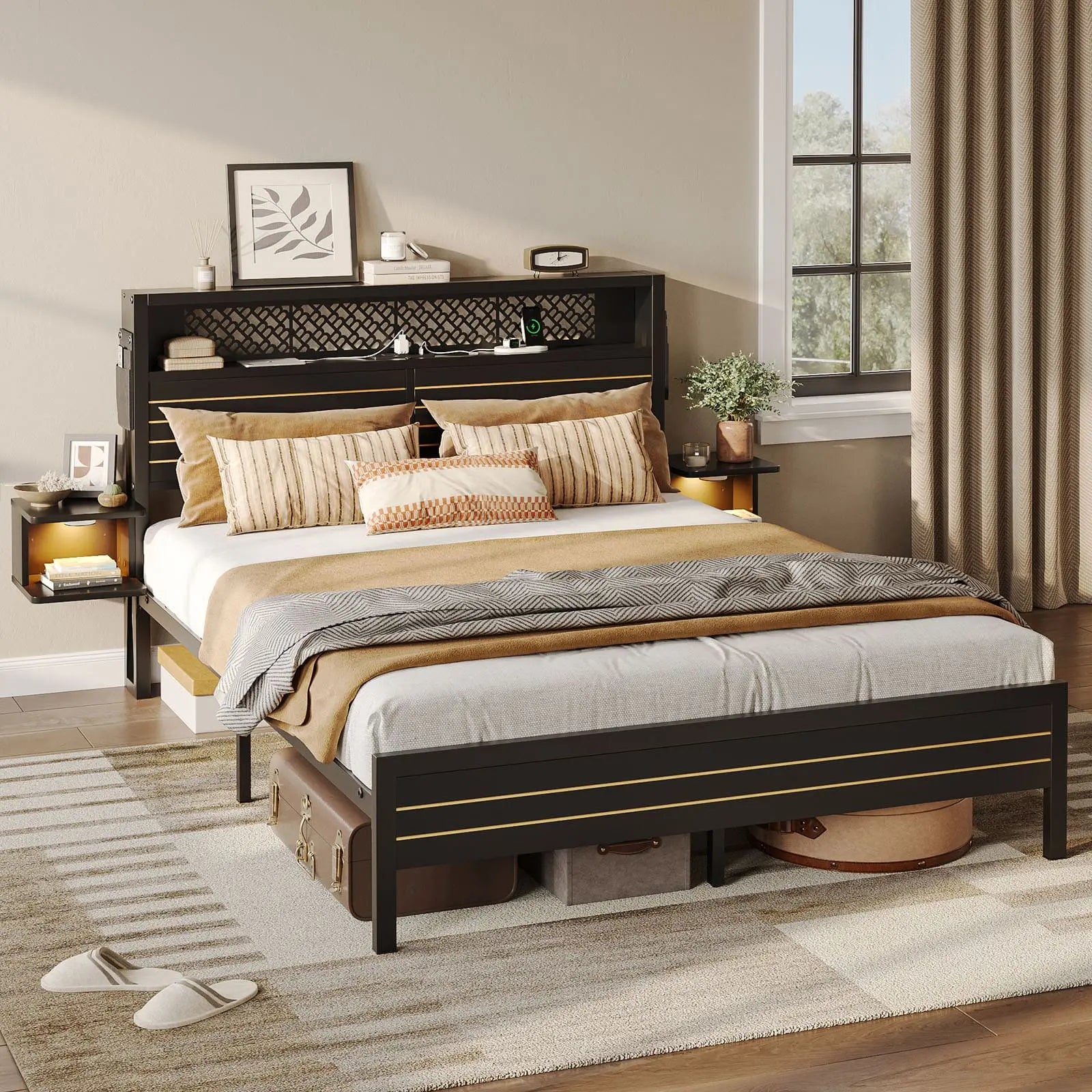 Bestier Queen Bed Frame with Horizontal Golden Stripe Storage Headboard - Modern Platform Bed with Underbed Storage - Perfect for Small Bedrooms, Guest Rooms & Apartments