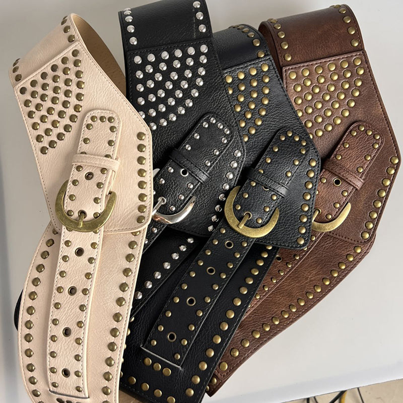 Vintage Faux Leather Wide Belt with Rivet Pin Buckle - Stylish Waist Cincher for Women's Retro Outfits, 80s Costume & Boho Fashion Accessories