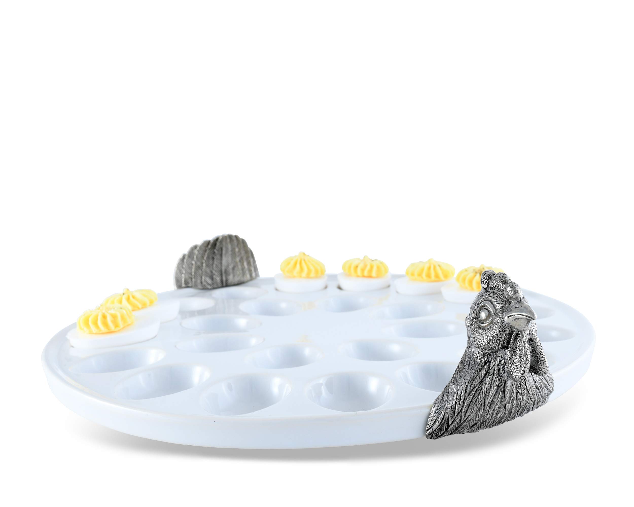 Vagabond House Pewter Chicken Deviled Egg Stoneware Tray - 13 Inch Diameter Rustic Farmhouse Serving Dish for Easter, Brunch, and Party Appetizers