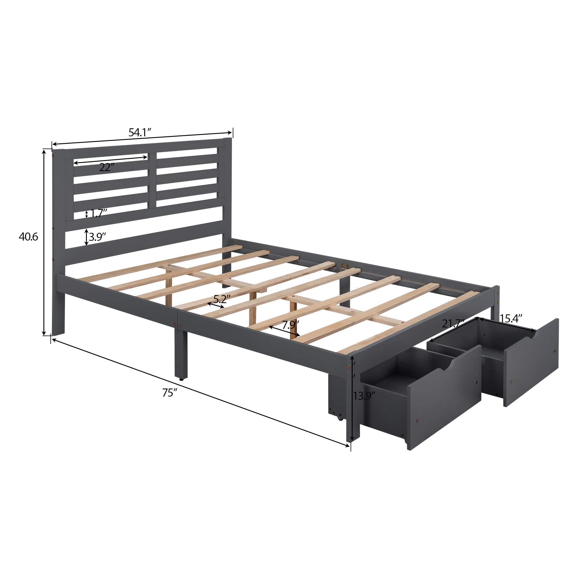 **Henf Full Size Platform Bed Frame with 2 Storage Drawers - Solid Wood Bed for Kids & Adults, No Box Spring Needed, Easy Assembly (Gray) - Perfect for Small Spaces, Guest Rooms & Modern Bedrooms**