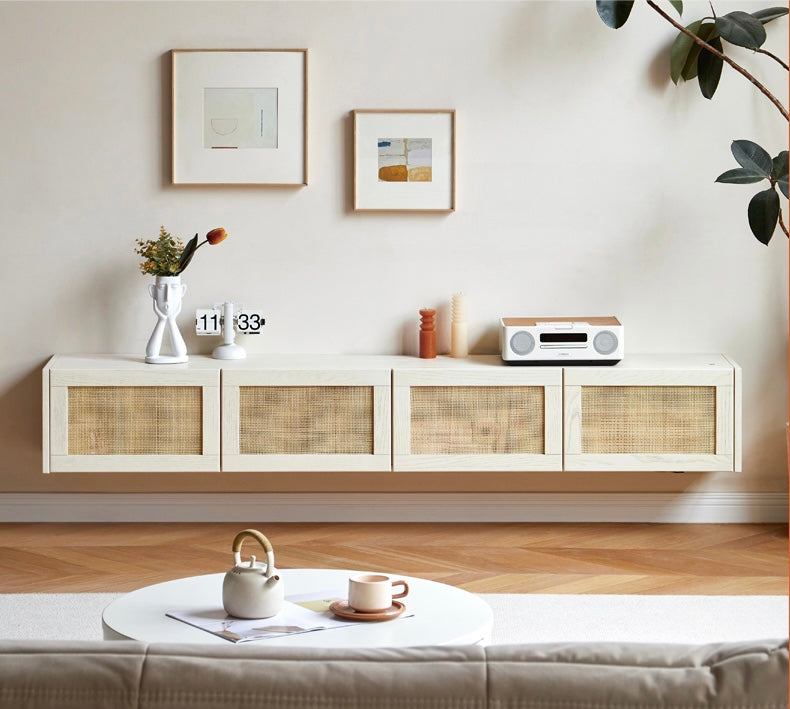 Solid Oak Wood Rattan TV Stand with LED Lights - Modern Cream Style Entertainment Center for Living Room, Bedroom & Home Theater