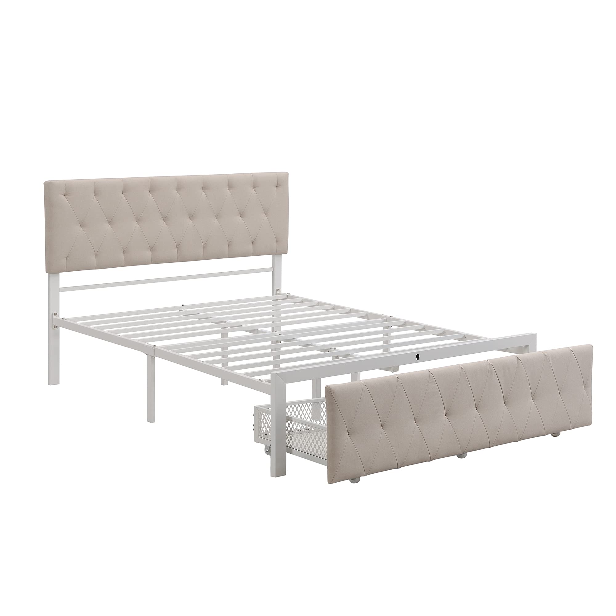 Upholstered Headboard Bed Frame with Storage Drawer - Full Size Metal Platform Bed, Heavy Duty Steel Mattress Foundation, Easy Assembly (Beige) | Perfect for Small Bedrooms, Guest Rooms & Apartments