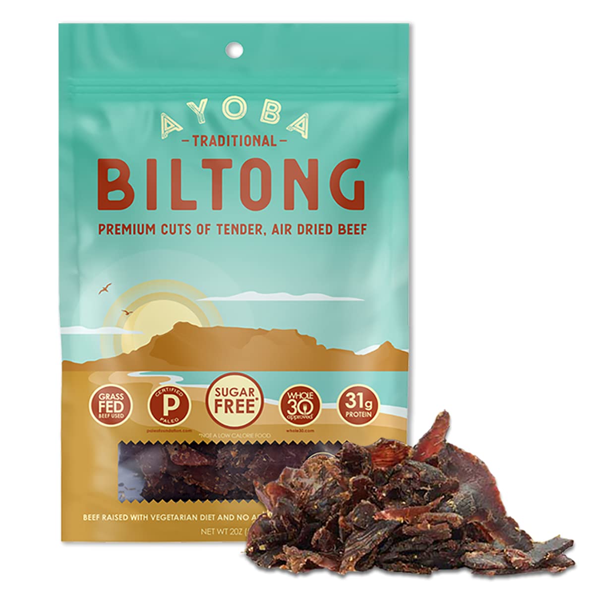 Keto-Friendly Grass Fed Beef Biltong Slices - 2oz Paleo Snack | Gluten Free, Whole30 Approved, Sugar Free, No Carb | Perfect for Hiking, Travel & Low-Carb Diets