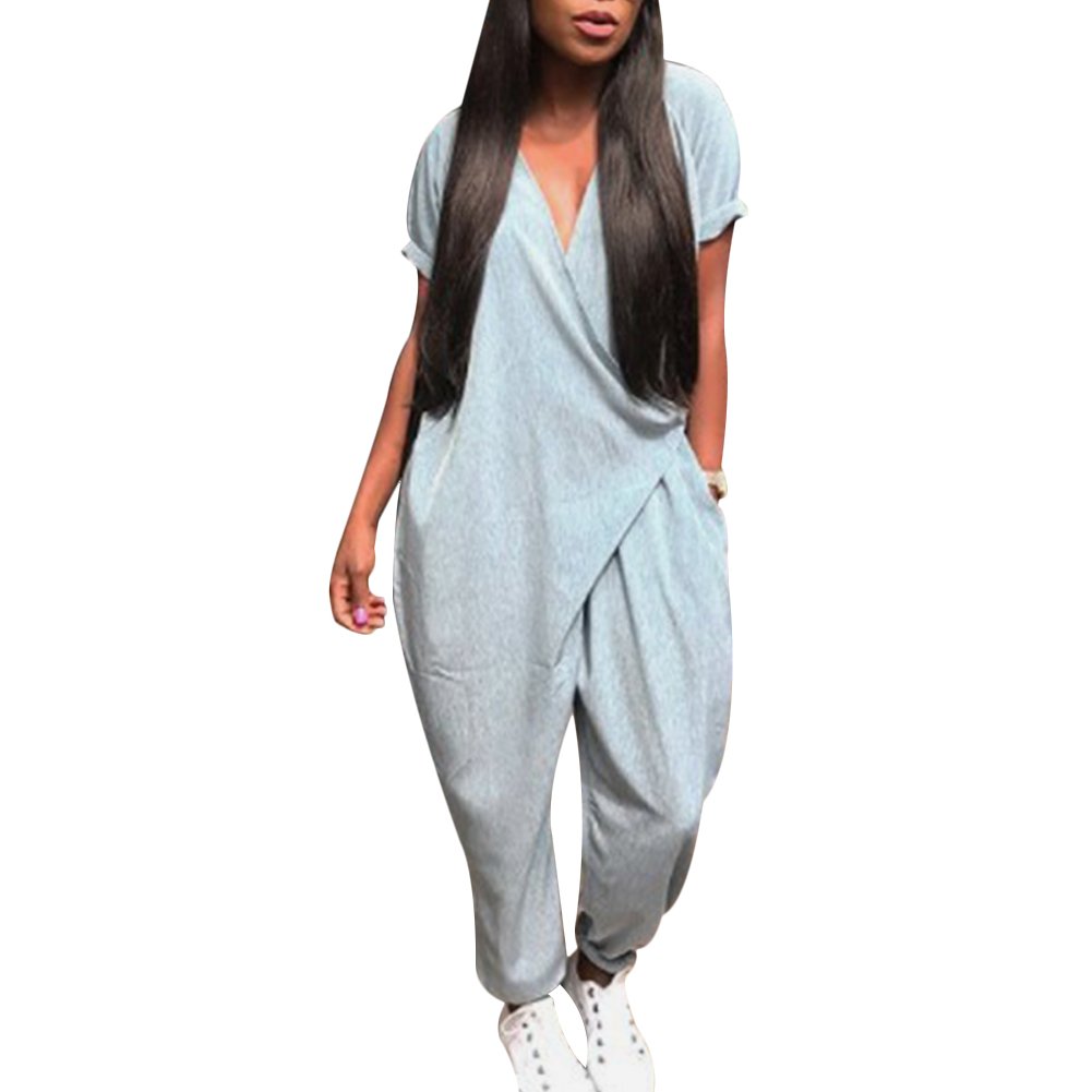 Tianzek Women's Short Sleeve V-Neck Loose Harem Jumpsuit - Casual Summer Romper for Beach, Travel & Everyday Wear