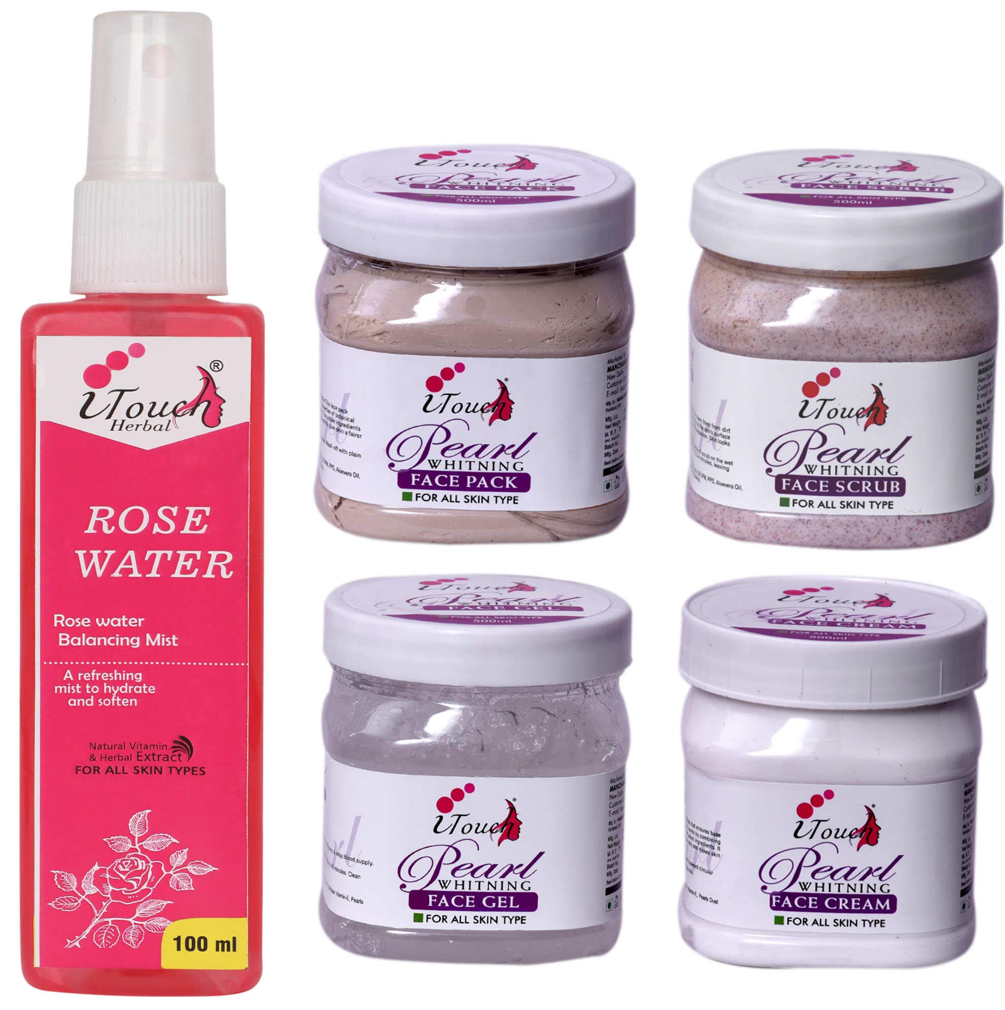 iTouch Herbal Pearl Skin Whitening Scrub, Cream, Pack & Gel Set (500ml x 4) with Rose Water (100ml) - Brightening Facial Care Kit for Glowing Skin - Perfect for Daily Skincare Routine & Spa Treatments