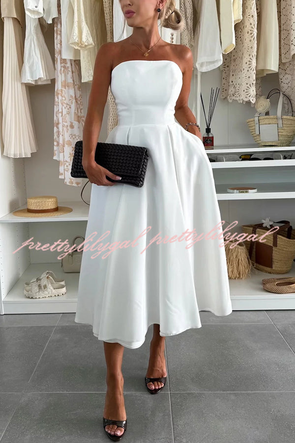 Elegant Solid Color Off Shoulder Pocket Midi Dress for Women - Summer Casual, Beach Vacation, Date Night Outfit