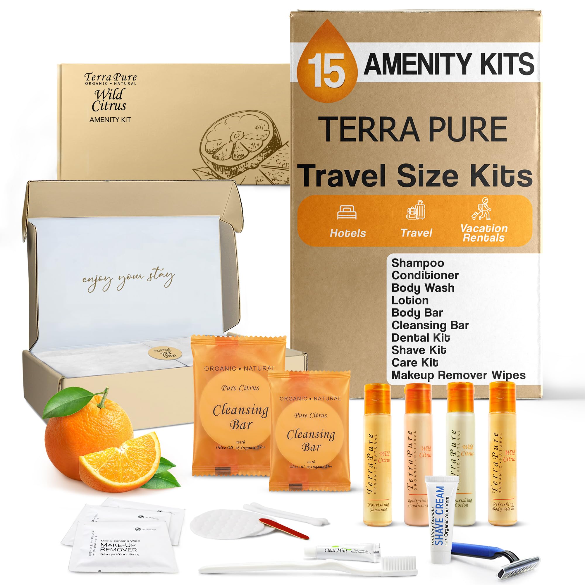 Terra Pure Travel Amenity Kit - 1 oz Shampoo, Conditioner, Body Wash, Lotion, 2 Soap Bars, Shaving & Dental Set, Makeup Remover Wipes | 15-Piece Hospitality Set for Hotels, Spas, Airlines & Guest Amenities