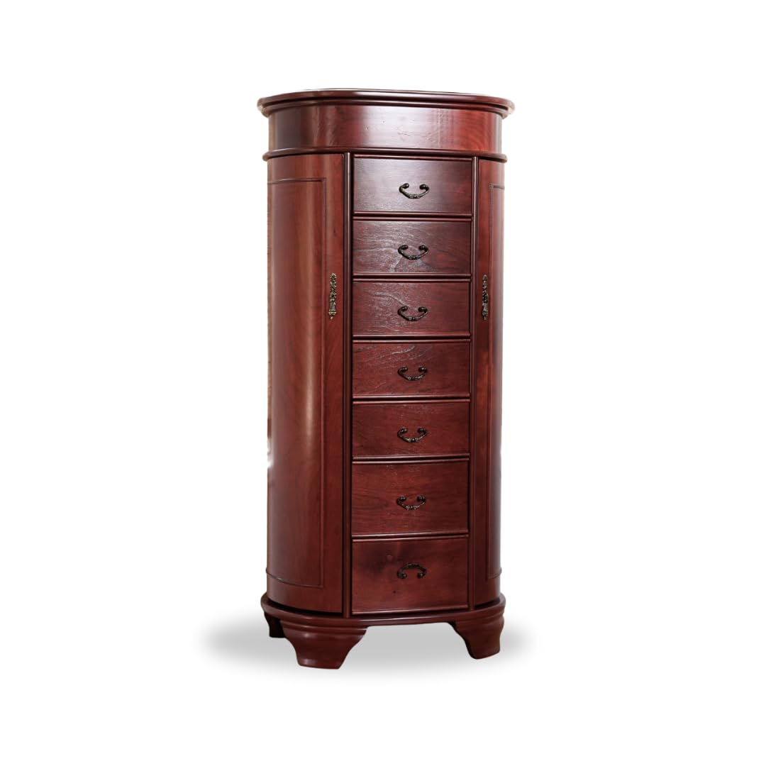 Daley Oval Jewelry Armoire - Stylish Cherry Wood Jewelry Box with Mirror & Drawers for Necklace, Ring & Earring Storage - Perfect for Bedroom Vanity, Closet Organization & Gift Giving
