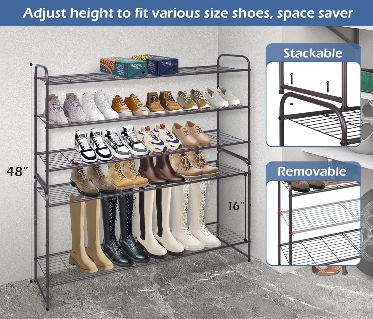 KEETDY 3-Tier Stackable Metal Shoe Rack Organizer - Holds 24 Pairs of Shoes for Closet, Bedroom & Entryway - Bronze Wire Grid Storage Shelf for Men's Sneakers & Women's Boots - Space Saving Shoe Storage Solution for Small Spaces