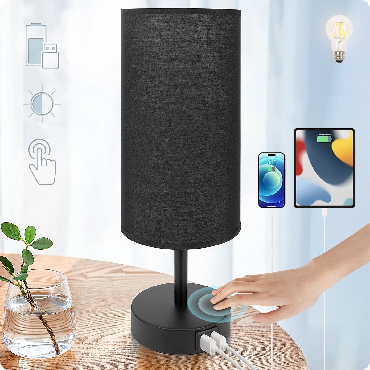 Yarra-Decor Modern Touch Control Bedside Lamp with USB Port - 3-Way Dimmable LED Nightstand Lamp with Black Fabric Shade for Bedroom, Living Room, Home Office & Dorm (Perfect for Reading, Relaxing & Charging Devices)