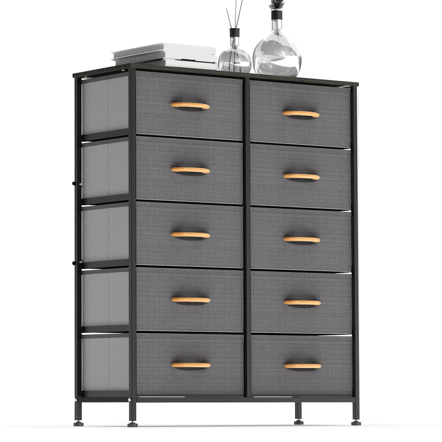 DHMAKER 10-Drawer Vertical Dresser Storage Tower with Steel Frame & Wood Top - Easy Pull Textured Fabric Bins for Bedroom, Hallway, Entryway & Closet Organization - Space-Saving Home Storage Solution (Charcoal) - Perfect for Small Spaces, Apartment Living & Maximizing Storage Efficiency
