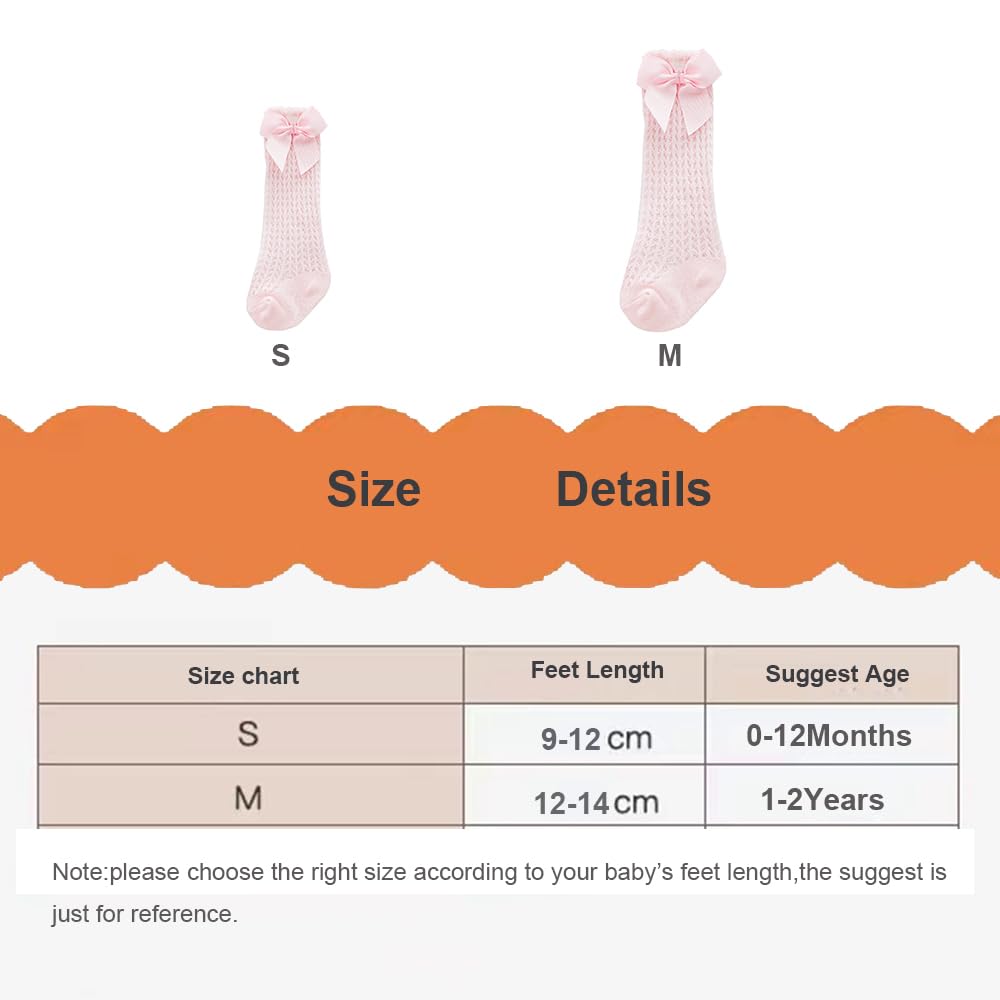 5 Pack Spanish Baby Girls Bow Knee High Socks - Mesh Cotton Newborn Toddler Long Stockings for Dress Up, Photo Shoots & Special Occasions