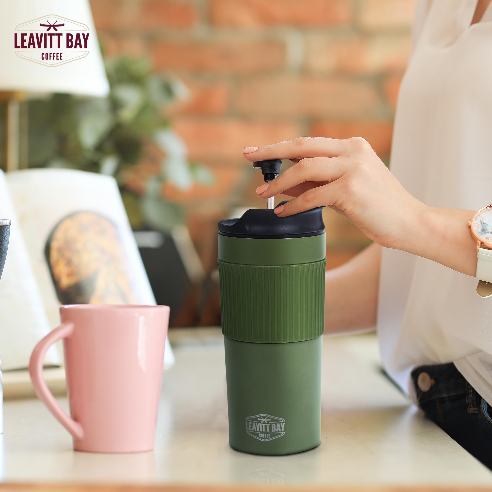Stainless Steel French Press Travel Mug 15oz - Double Wall Vacuum Insulated Coffee & Tea Maker - Portable Single Serve French Press for Camping, Office, Home - Army Green Tumbler for Hot & Cold Beverages