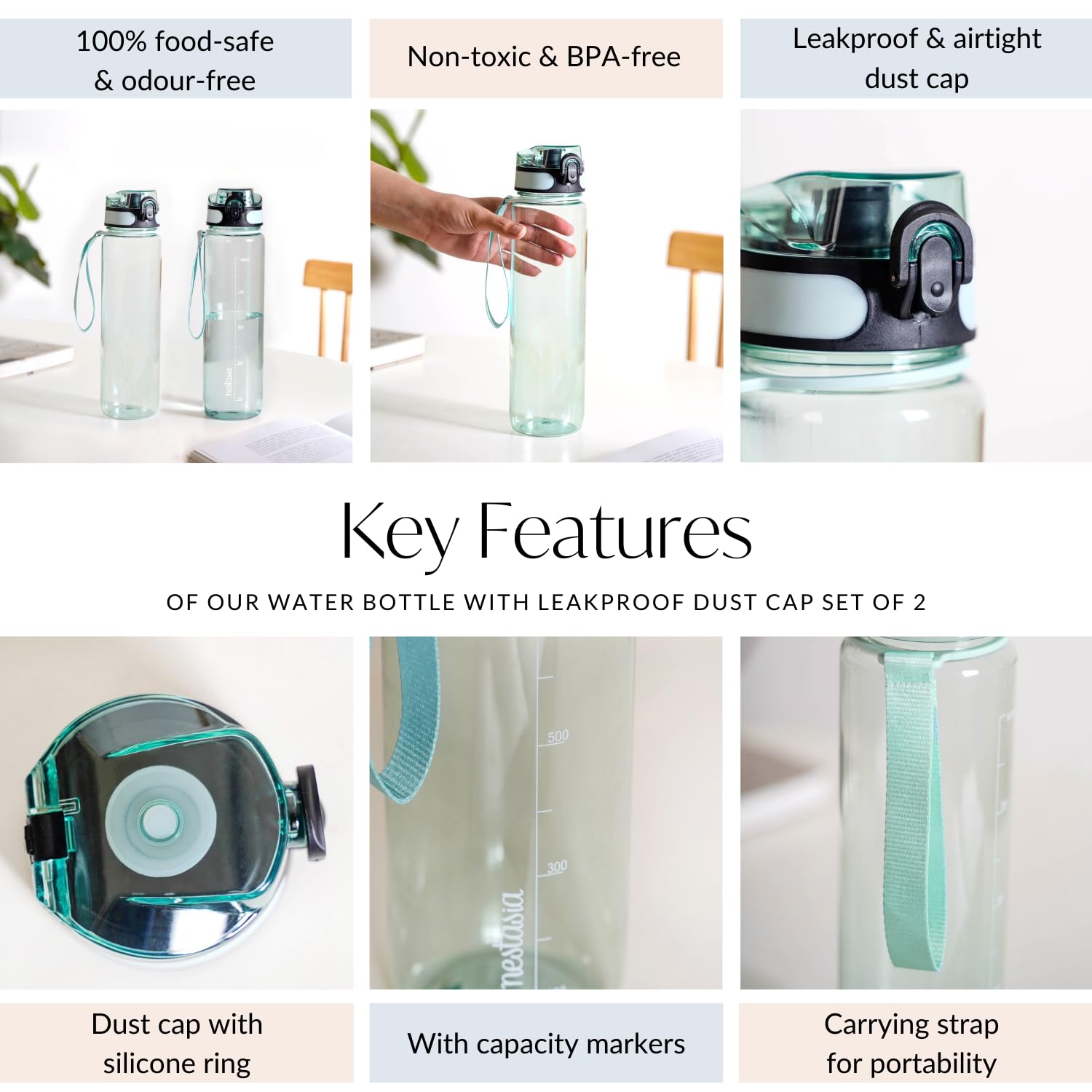 Nestasia 2-Pack 1000ml BPA-Free Water Bottles with Spill-Proof Spring-Loaded Cap & Capacity Markers - Transparent Travel & Gym Bottles for Fitness, Office, Hiking & Outdoor Activities (Mint Green)