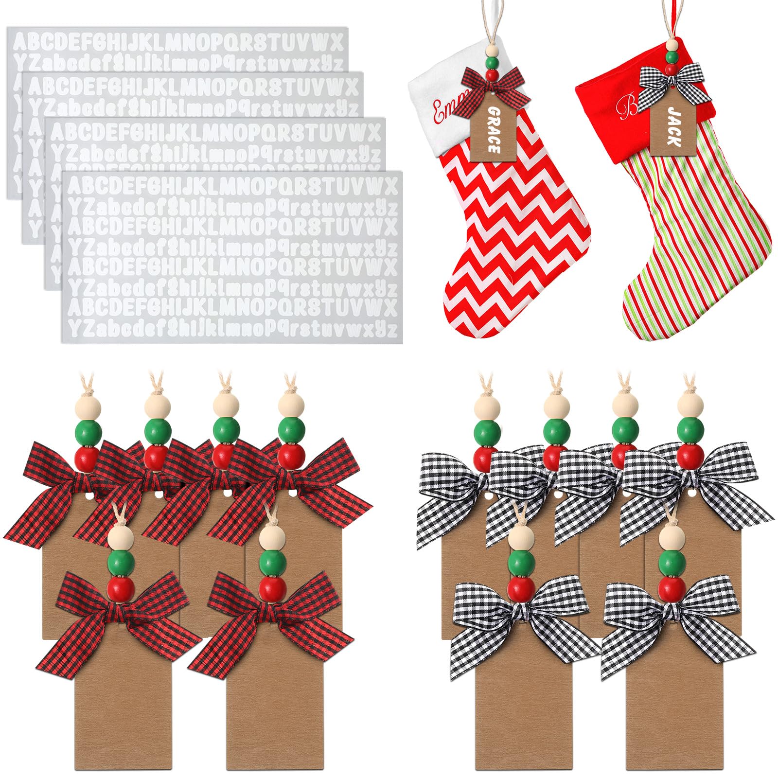 16 Pcs Christmas Stocking Wood Tags with Buffalo Plaid & Beads - 4 Sheets Adhesive Letter Stickers for Personalized Stocking Name Tags - Chalkboard Labels (Light Brown, Red, Green, Wood Beads) - Perfect for Holiday Gift Wrapping, DIY Crafts & Christmas Decorations