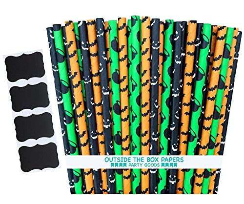 Halloween Paper Straws 7.75 Inch - 75 Pack Pumpkin Witch Bat Design - Black Orange Purple Green Party Supplies for Halloween Decorations, Birthday Parties, and Themed Events
