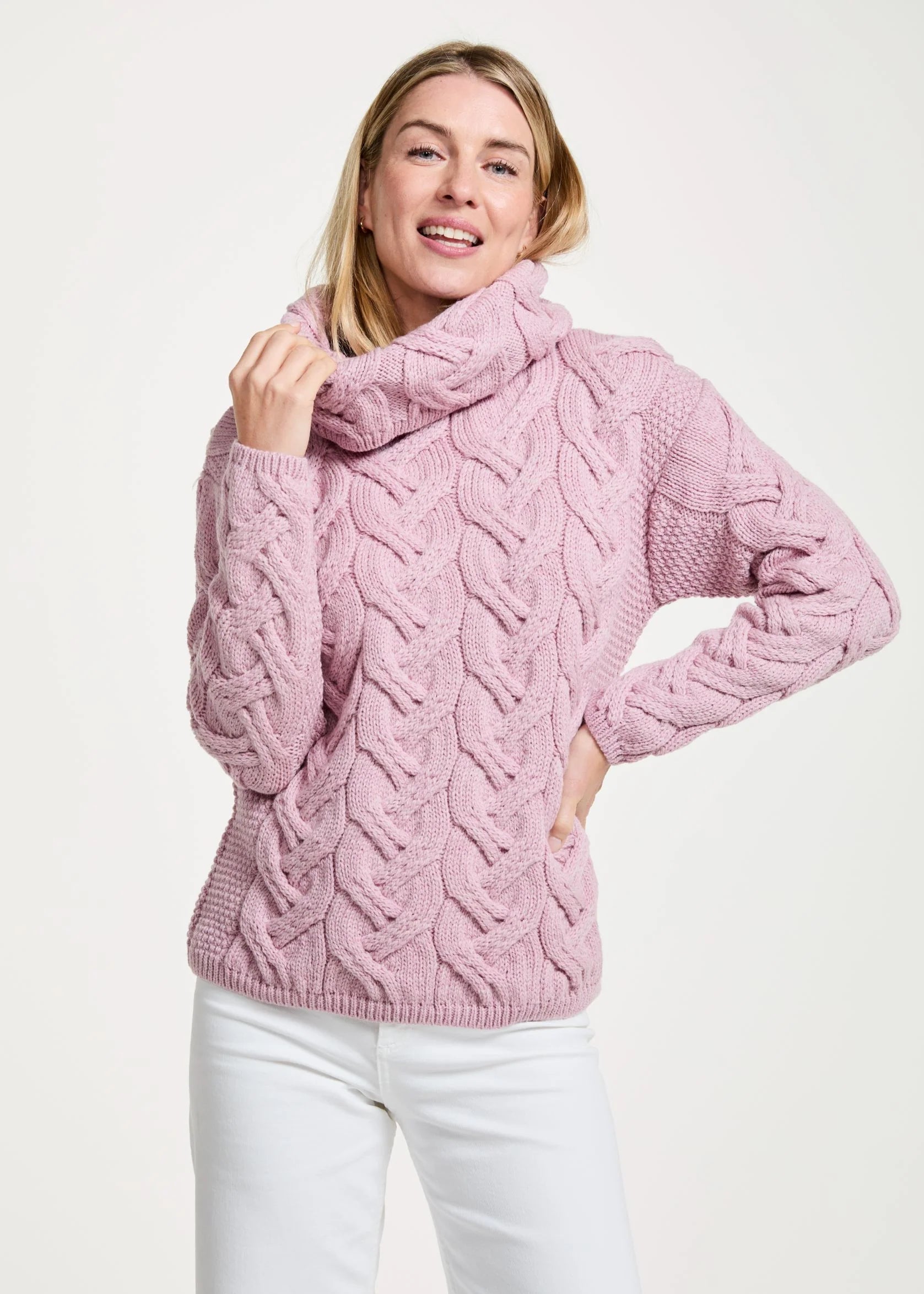 Aran Cowl Neck Chunky Knit Sweater for Women - Soft Winter Pullover in Pink | Cozy Casual Wear & Holiday Outfits