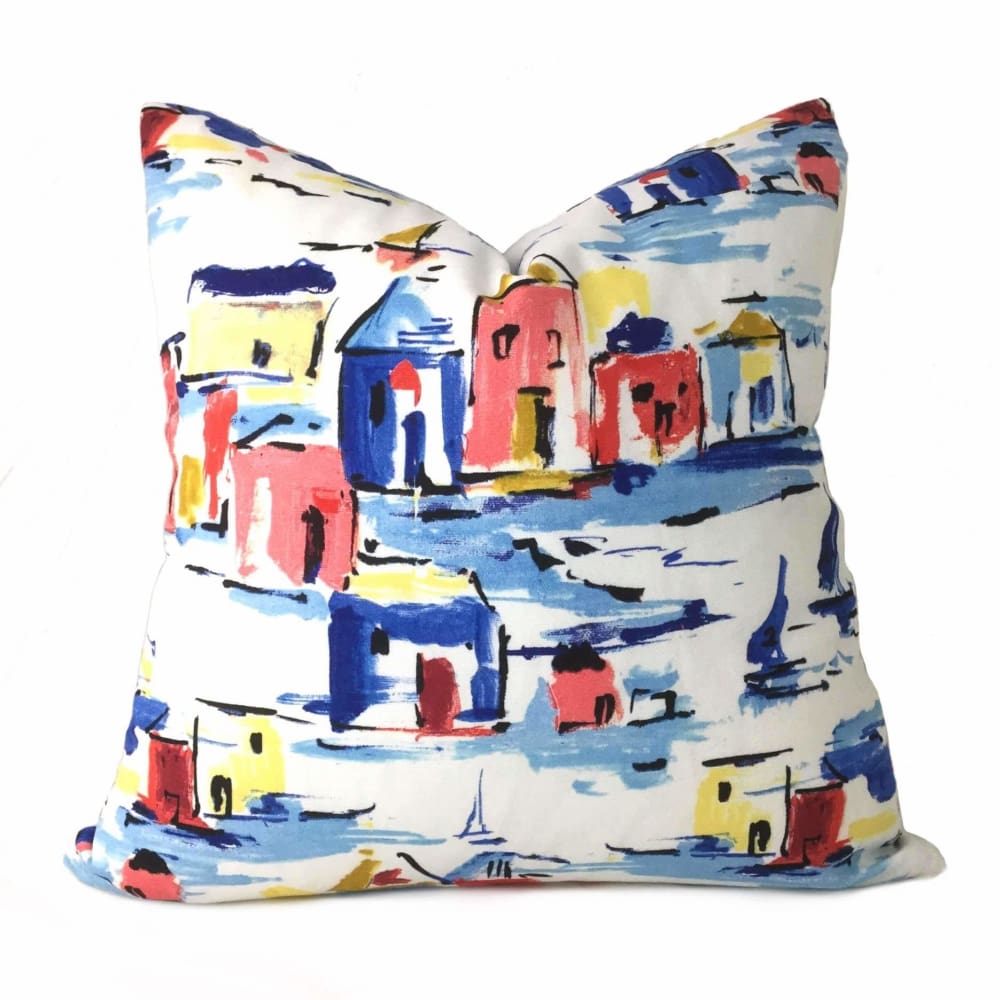 Mykonos Greek Islands Blue, Red, Yellow & White Cotton Printed Pillow Cover - Bohemian Home Decor for Sofa, Bed & Living Room
