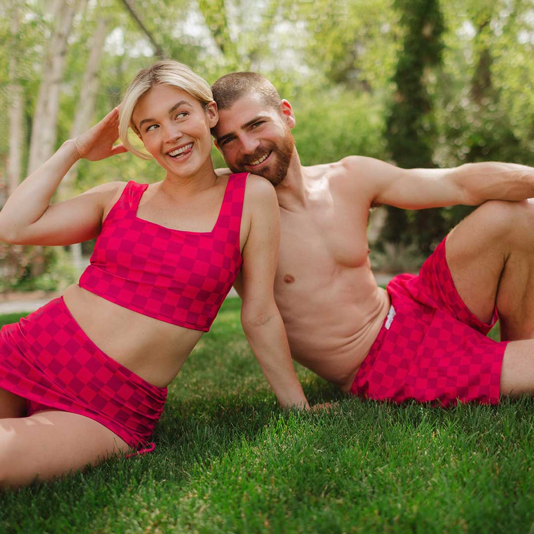 Wind and Sea 5-Inch Inseam Quick-Dry Swim Trunks with Magenta Check Pattern - Perfect for Beach, Pool, and Summer Outdoor Activities