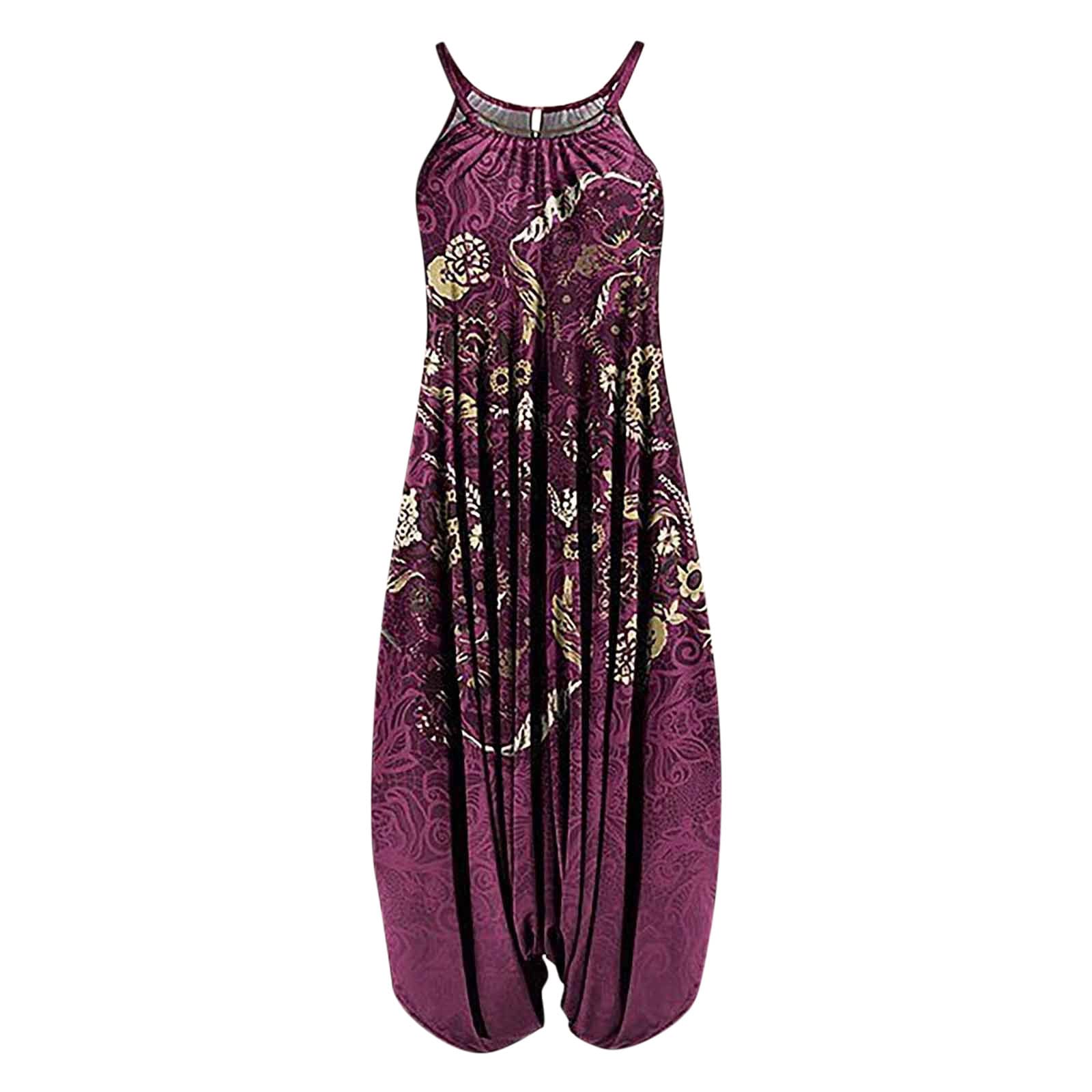 Women's Vintage Sleeveless Spaghetti Strap Jumpsuit - Elastic Waist Harem Pants Romper Playsuit in Purple | Casual Summer Outfit, Beach Cover-Up, Party Wear & Boho Fashion