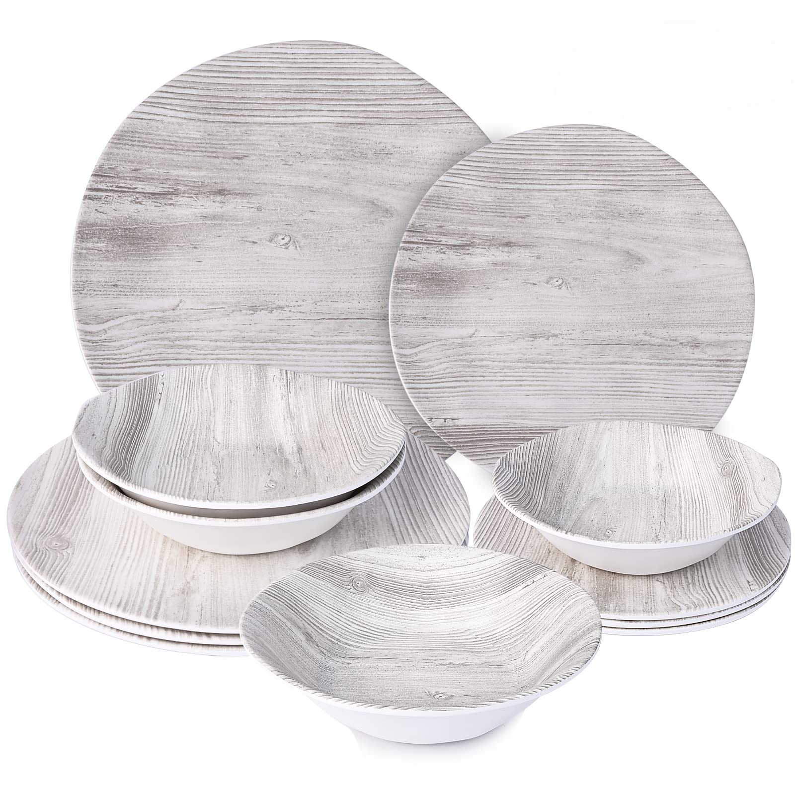 Melamine Dinnerware Set - 12-Piece Wood Grain Plates & Bowls for Indoor/Outdoor Use | Durable, Dishwasher Safe Camping Dishes for Summer & Fall | Perfect for Picnics, BBQs, and Outdoor Dining (Gray)
