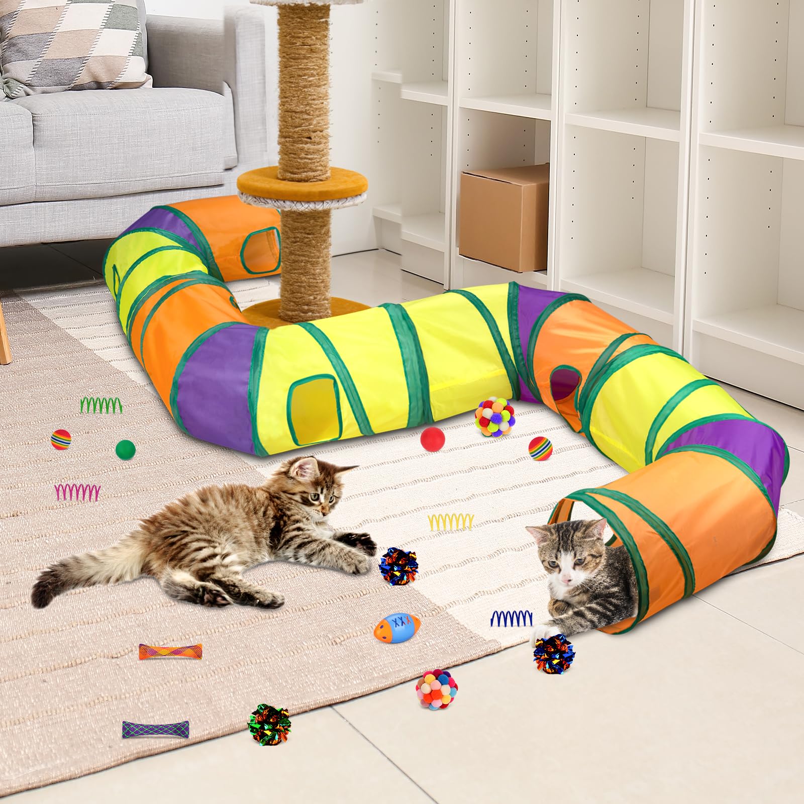 25 Pcs Cat Toys Set: Interactive Feather Teaser Wand, 4 Collapsible Cat Tunnels, Springs, Mouse, Crinkle Toys, Rainbow Football Ball with Bell - Perfect for Indoor Kittens and Cats Playtime