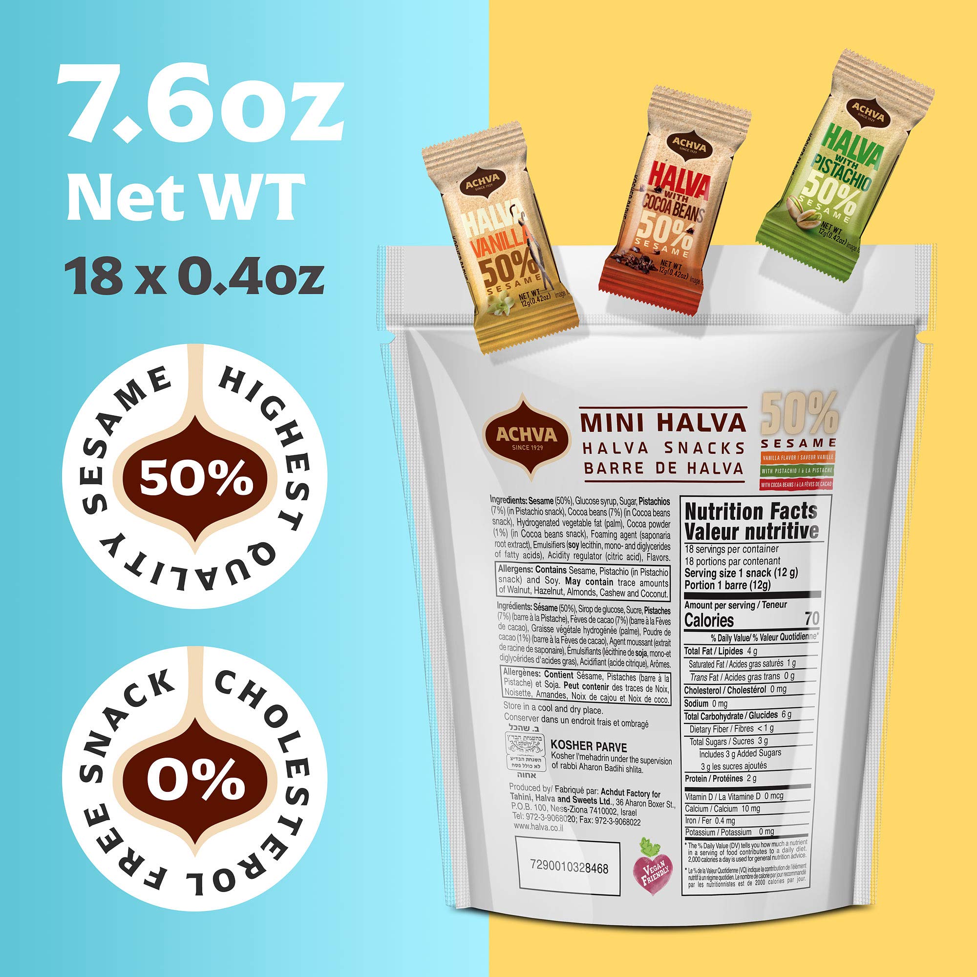 Achva Halva Tahini Bar Mini Snacks - 18-Pack Assorted Halvah Bars with Pistachio, Vanilla & Cocoa Flavors | Vegan, Kosher, Gluten-Free & Lactose-Free Israeli Snacks (12g Each) | Perfect for On-the-Go, Lunchboxes & Healthy Dessert Cravings