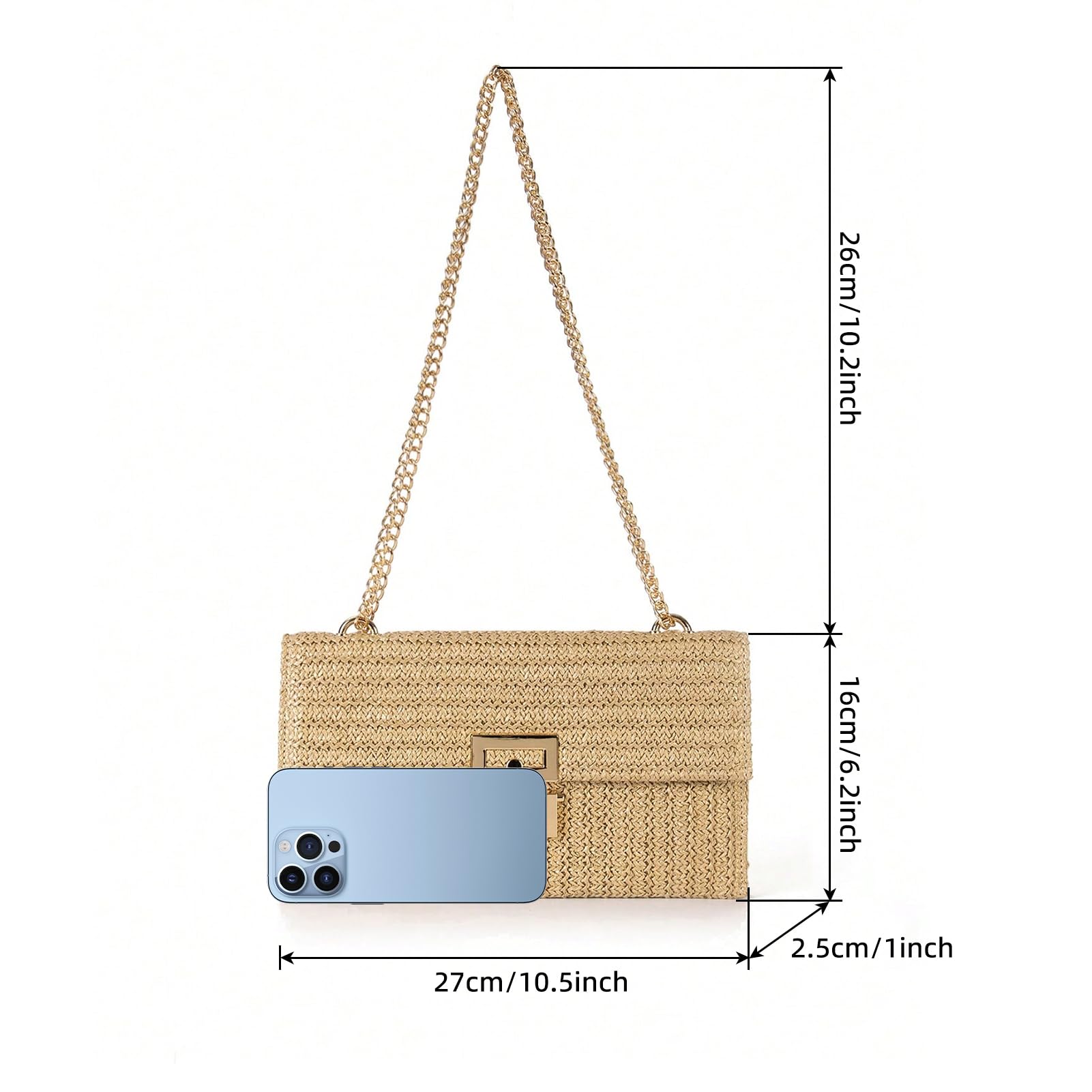 Women's Straw Chain Clutch Purse - Woven Envelope Handbag with Shoulder Strap & Crossbody Strap - Perfect for Beach, Summer Outings & Casual Events