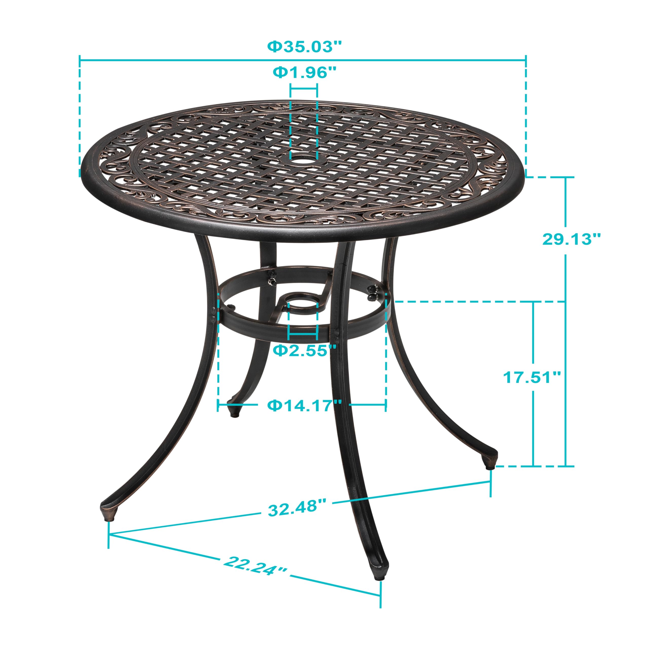 36 Inch Outdoor Patio Dining Table with Umbrella Hole - Durable Cast Aluminum Bistro Table in Black & Antique Bronze Finish - Perfect for Garden, Backyard, Poolside or Restaurant Outdoor Seating