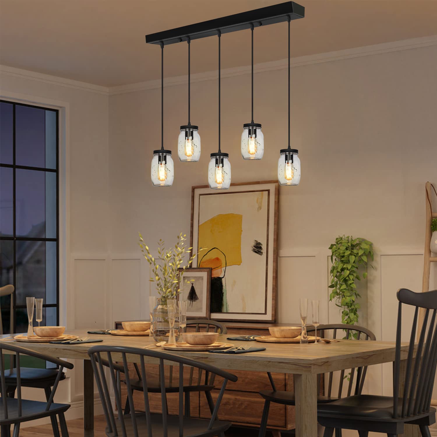 5-Lights Mason Jar Pendant Lighting - Farmhouse Glass Jar Ceiling Light Fixture for Kitchen Island, Dining Room, Farmhouse Decor - Perfect for Barn, Hallway & Stairway Lighting