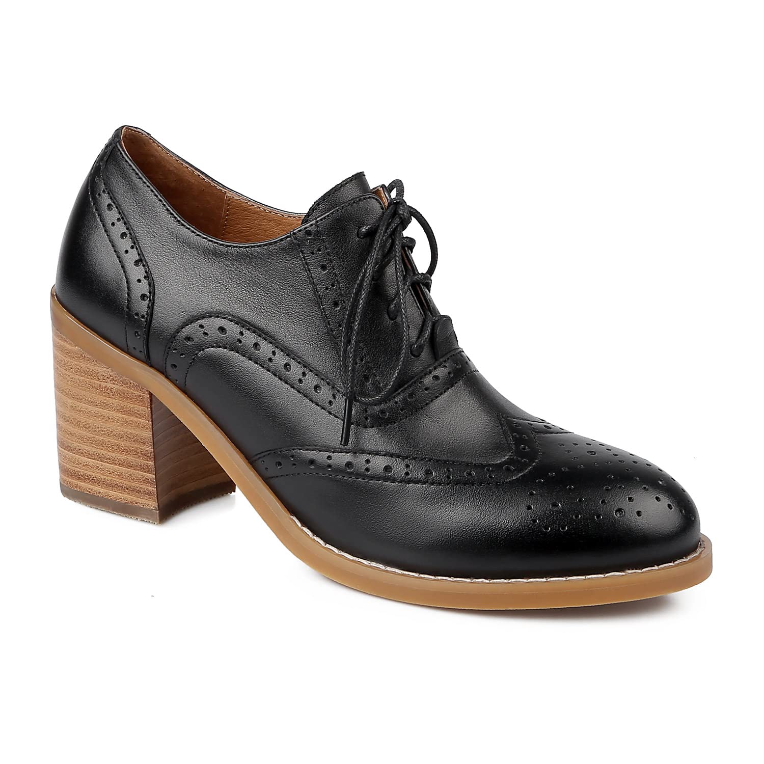 SHOSYEE Women's Genuine Leather Oxford Heels – Classic Perforated Lace-Up Brogues with Almond Toe & Mid Heel for Comfort & Style | Non-Slip Dress Shoes for Work, Commuting & Office Wear | Black US Size 4-9 M