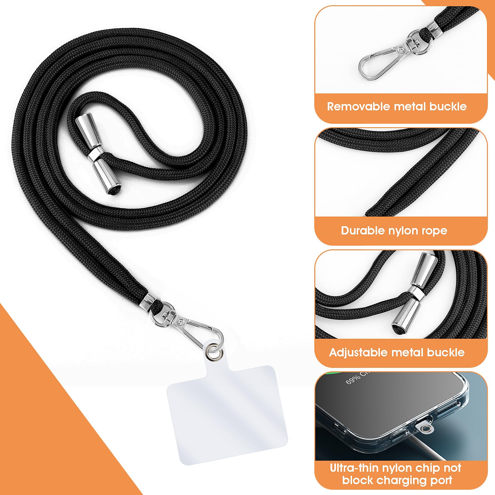 Simarro Universal Cell Phone Lanyard - Adjustable Crossbody Neck Strap with Wrist & Finger Loops - Includes 4× Phone Patches (Black) - Perfect for Work, Travel, Shopping & Outdoor Activities