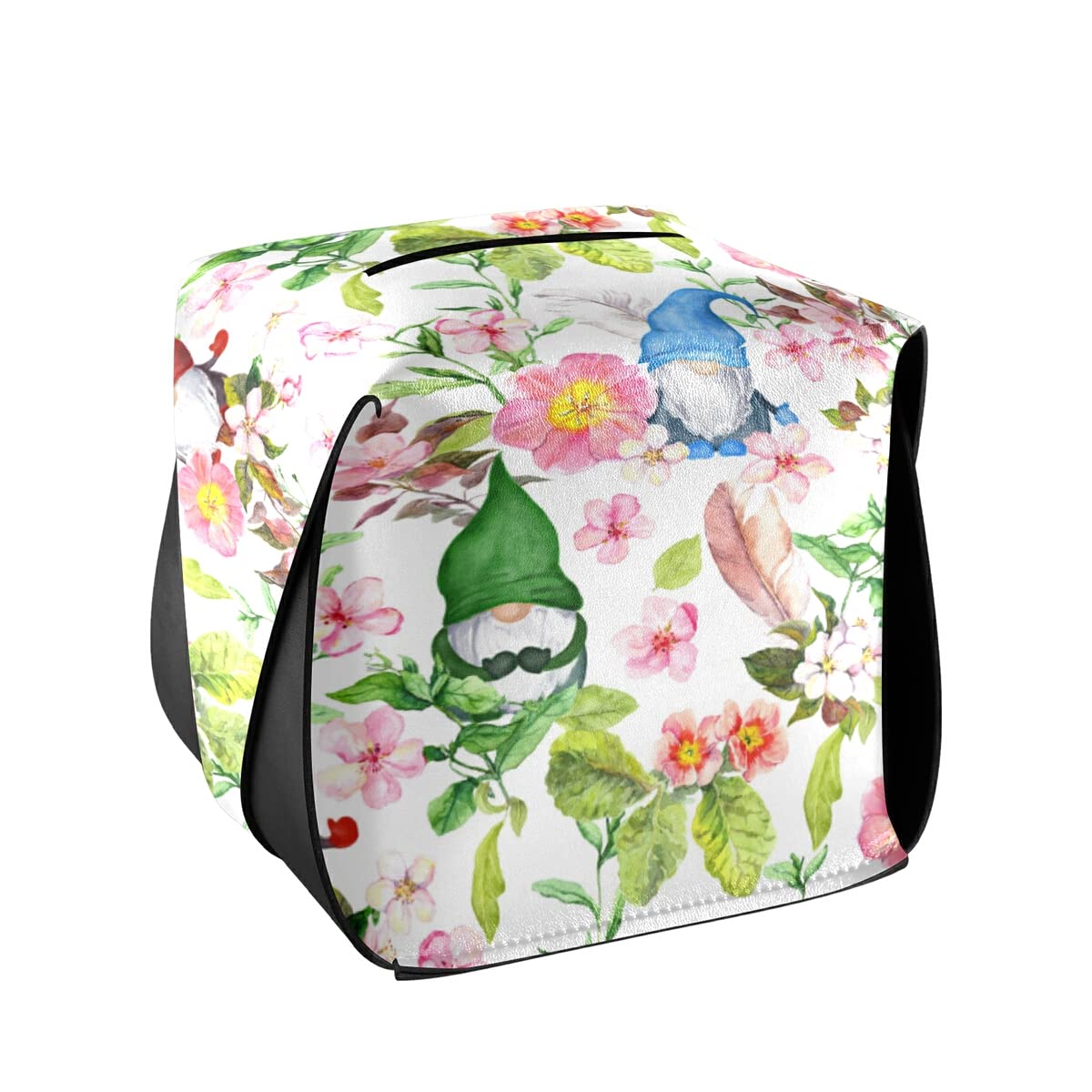 Decorative Leather Rectangular Tissue Box Cover with Cute Gnomes & Flowers - Tissue Dispenser Case for Hotel, Restaurant, Bedroom & Car Decor