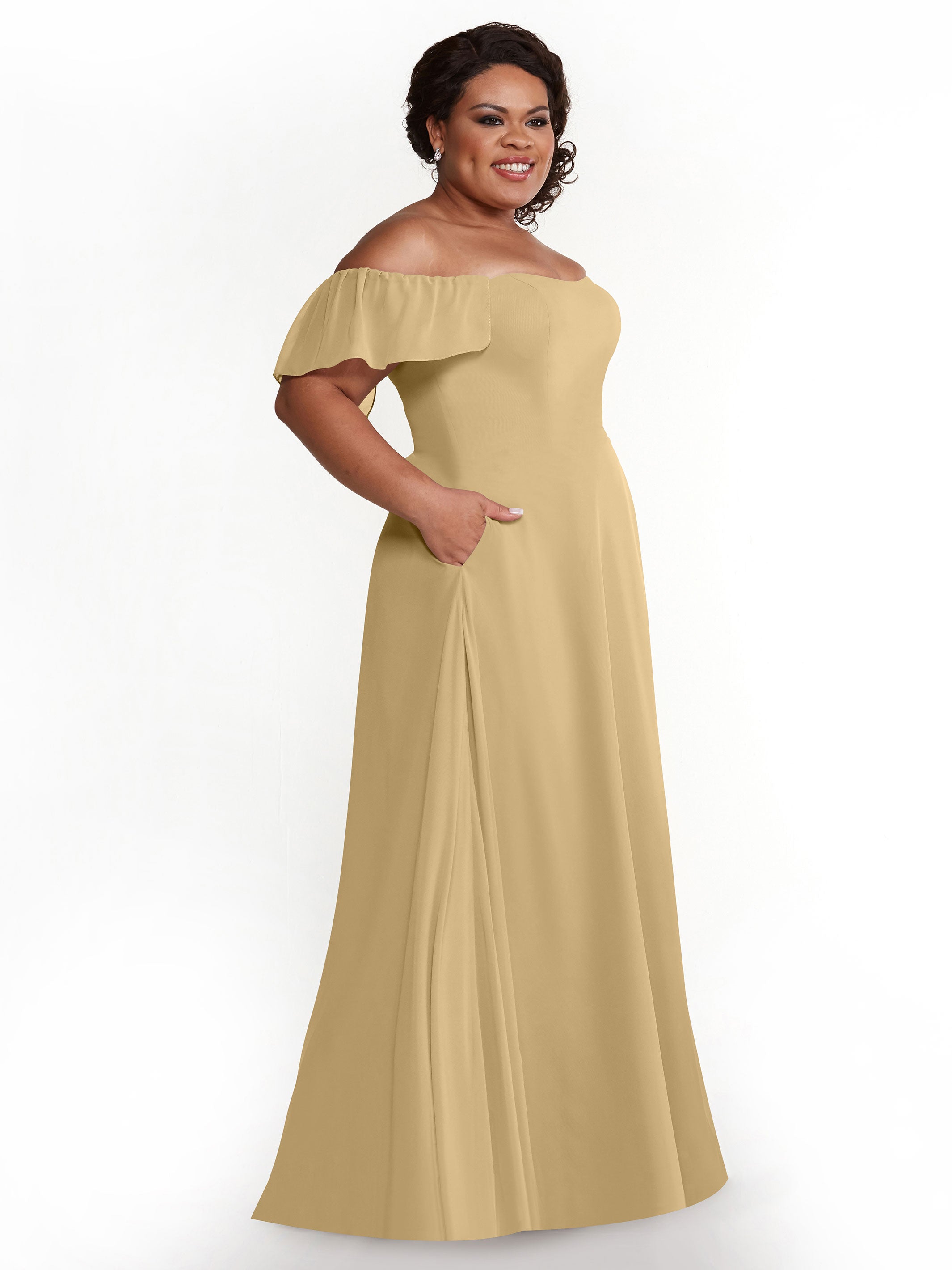Elegant A-Line Off-The-Shoulder Chiffon Bridesmaid Dress with Pockets - Perfect for Weddings, Formal Events & Special Occasions